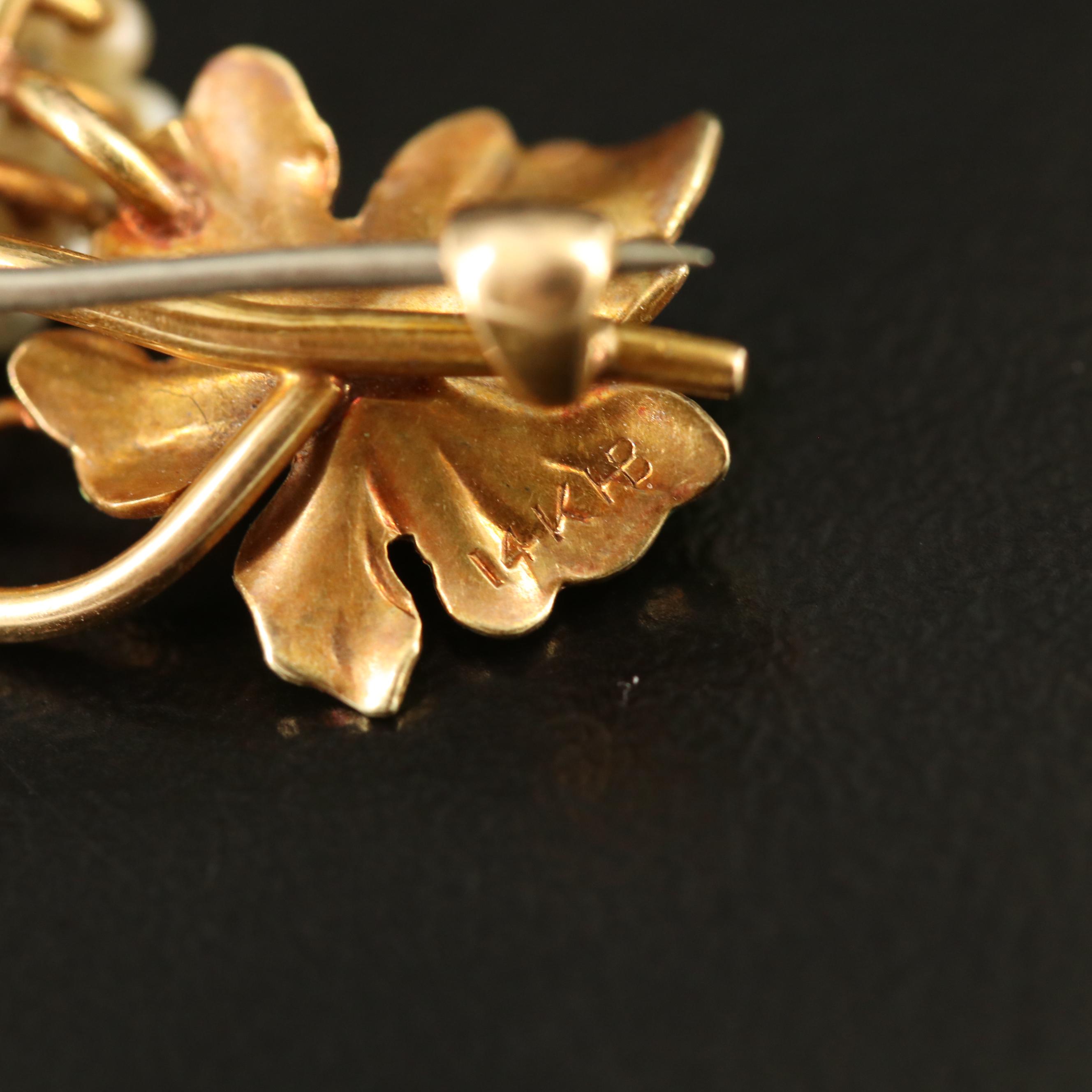 Art Nouveau Heintz Brothers 14K Pearl and Enamel Grapevine Brooch