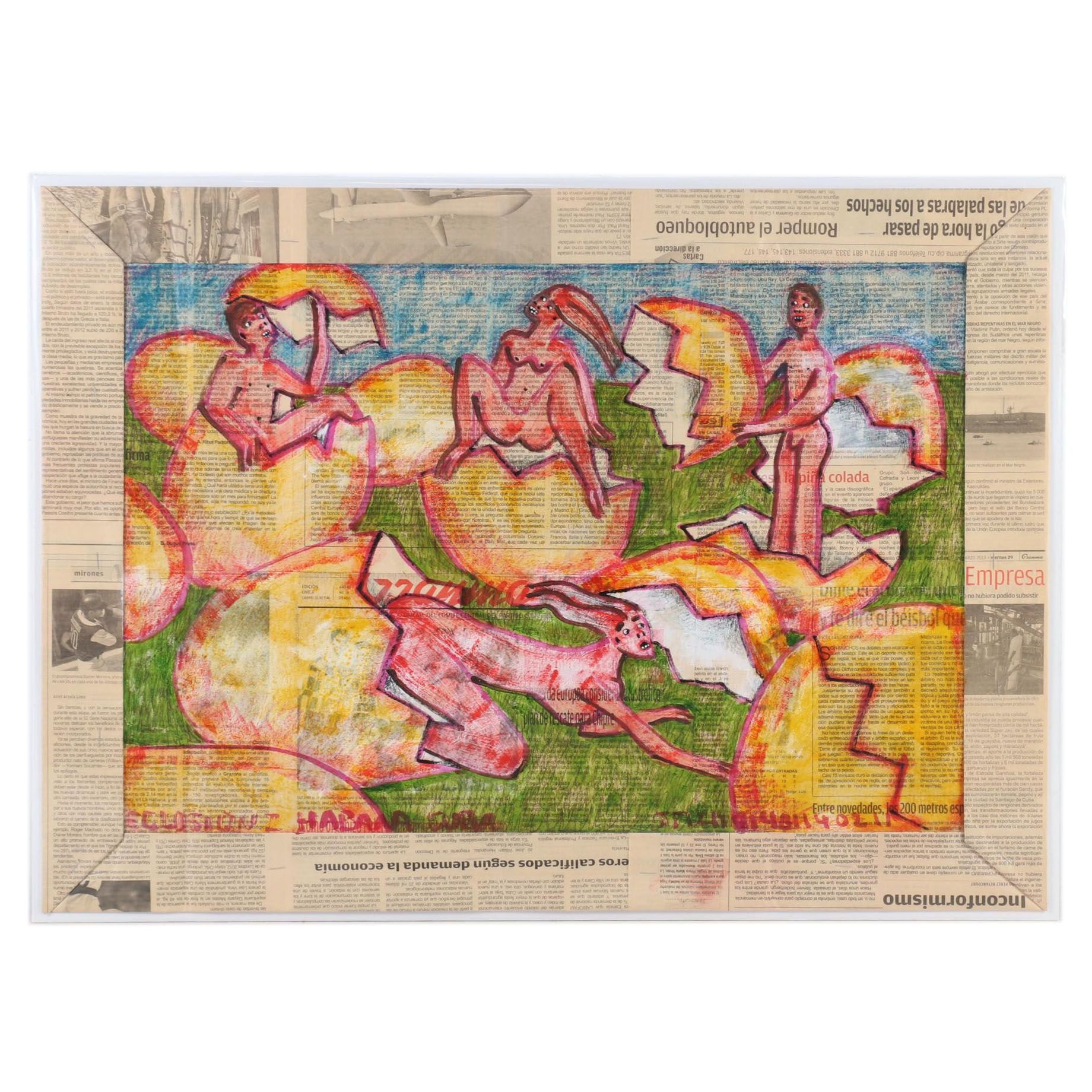 Cuban Mixed Media Drawing on Newspaper of People Hatching from Eggs