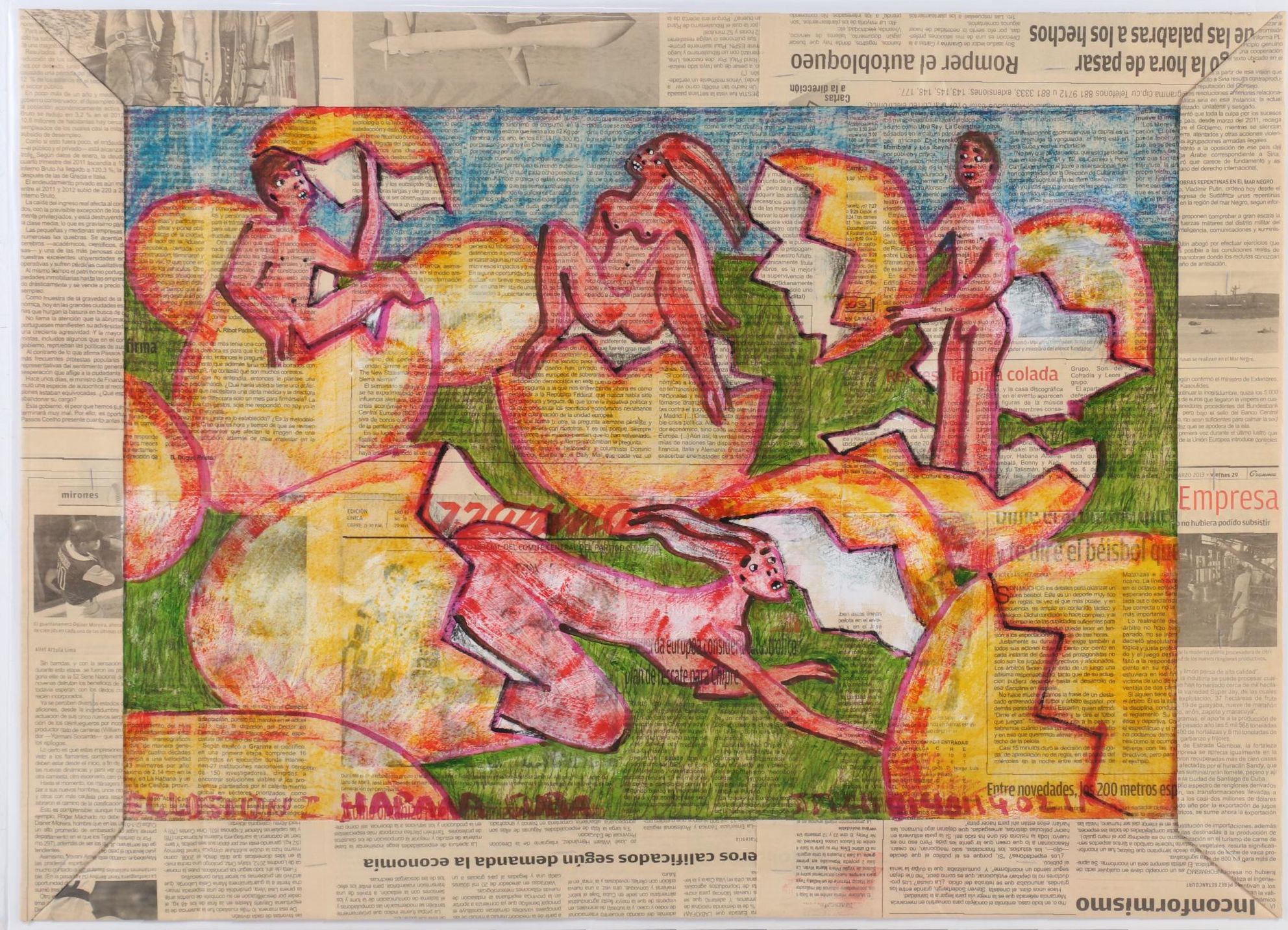 Cuban Mixed Media Drawing on Newspaper of People Hatching from Eggs