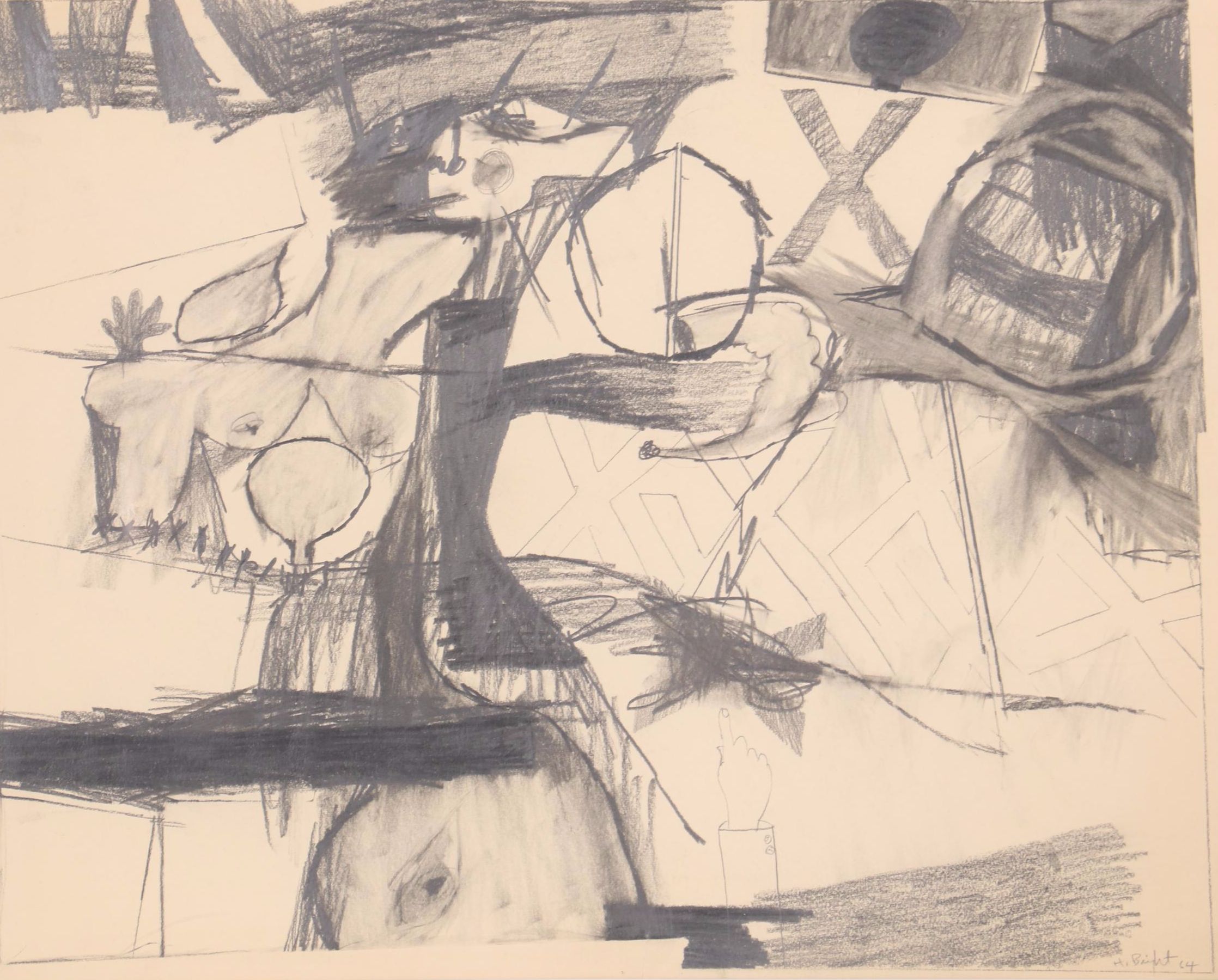 Harold Bright Abstract Graphite Drawing, 1964