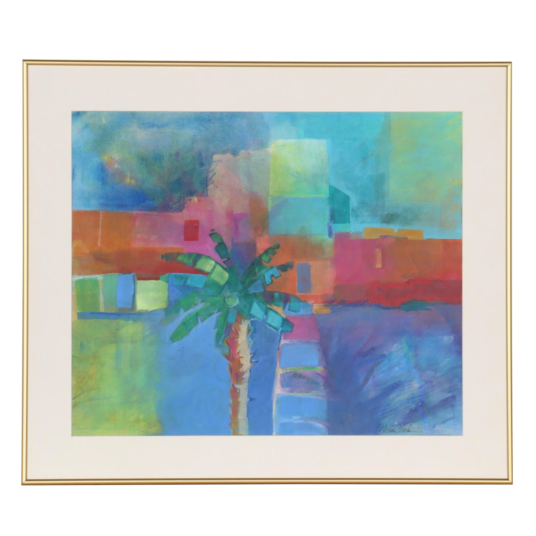 Rhonda Brooks Gouache Painting of Landscape with Palm Tree