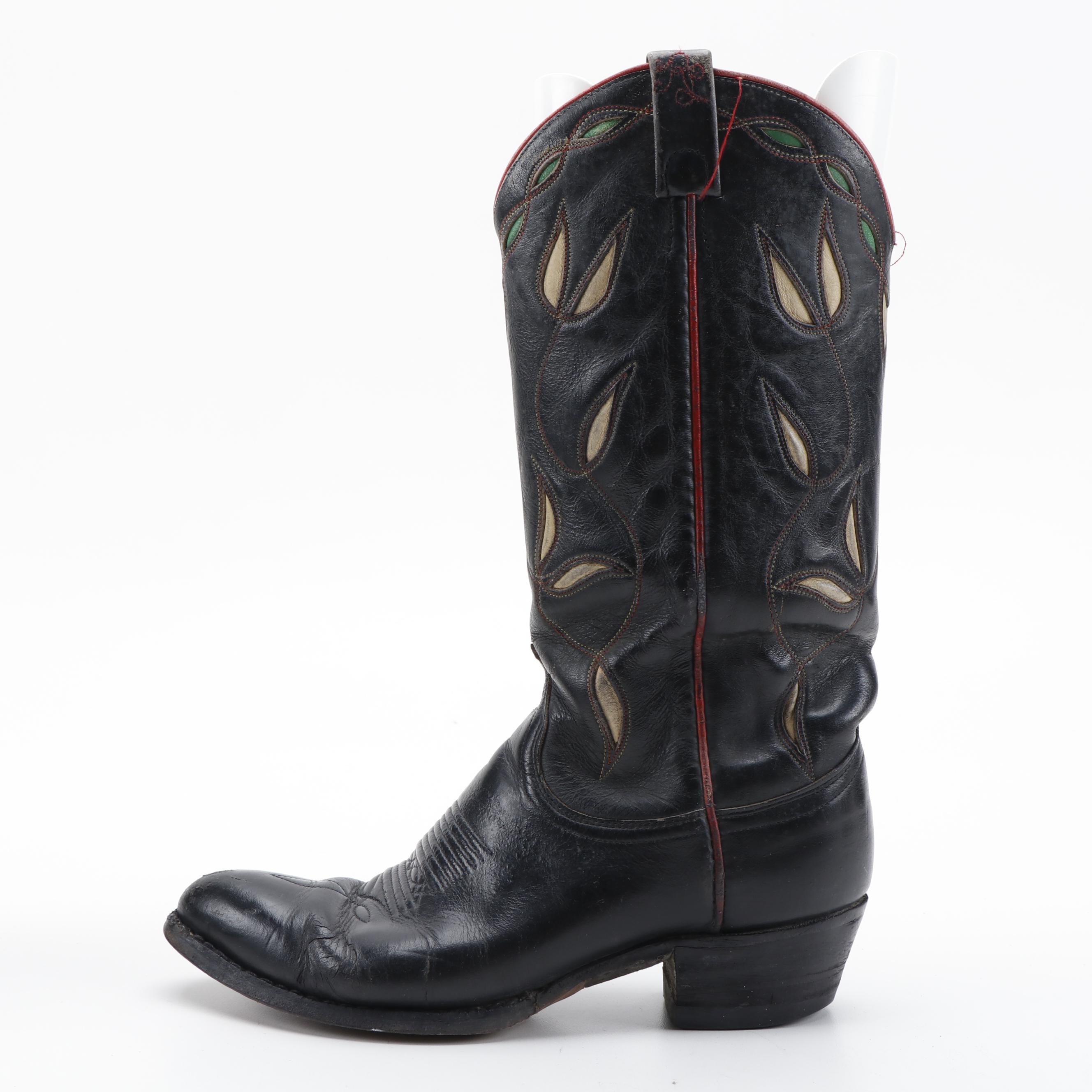 Ralph Lauren Black Leather Cowboy Boots with Green and White Inlay Details