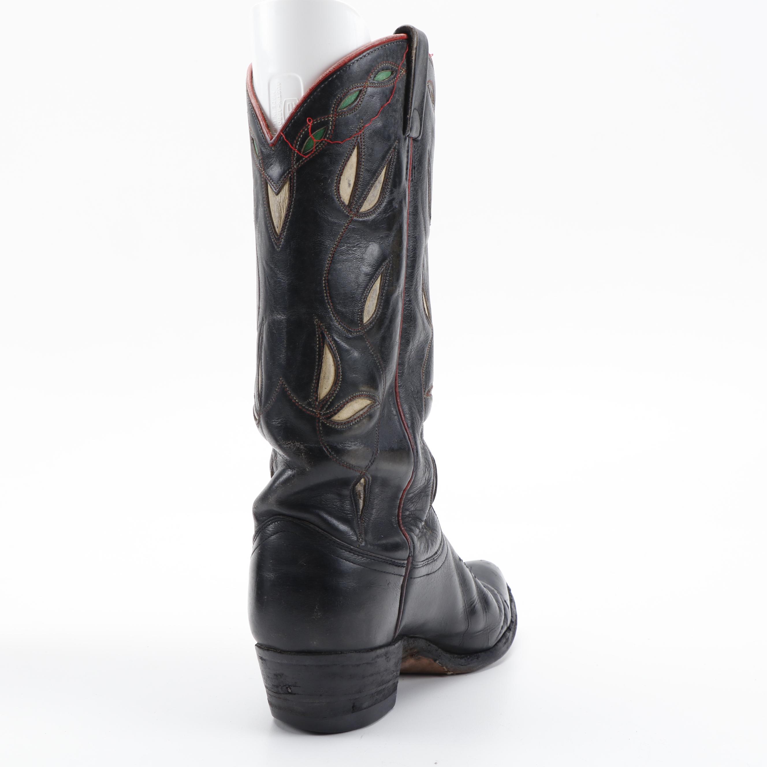 Ralph Lauren Black Leather Cowboy Boots with Green and White Inlay Details