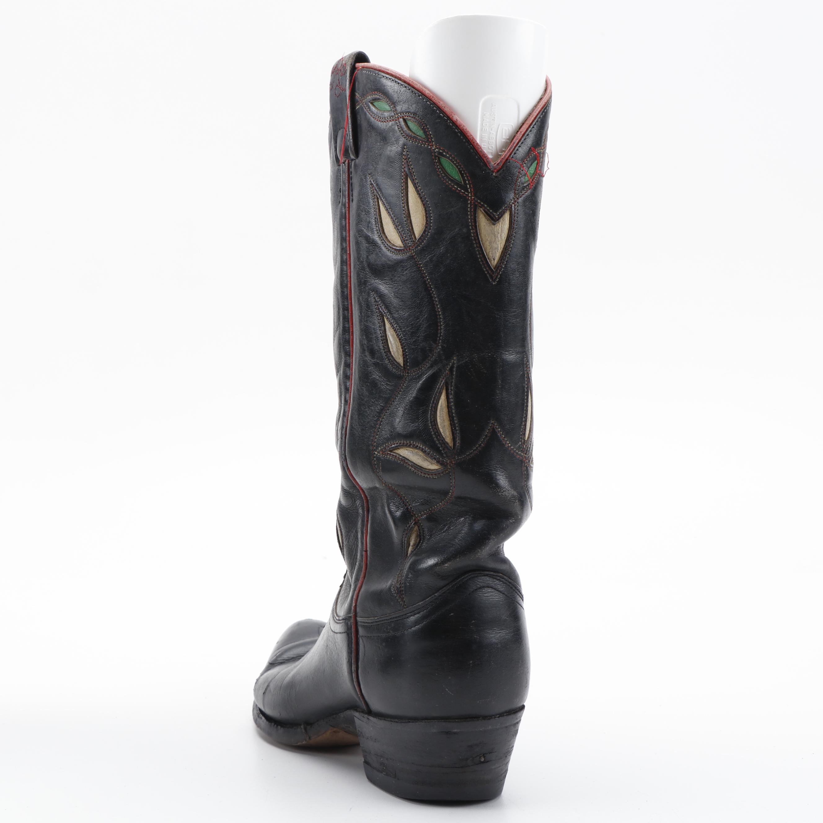 Ralph Lauren Black Leather Cowboy Boots with Green and White Inlay Details