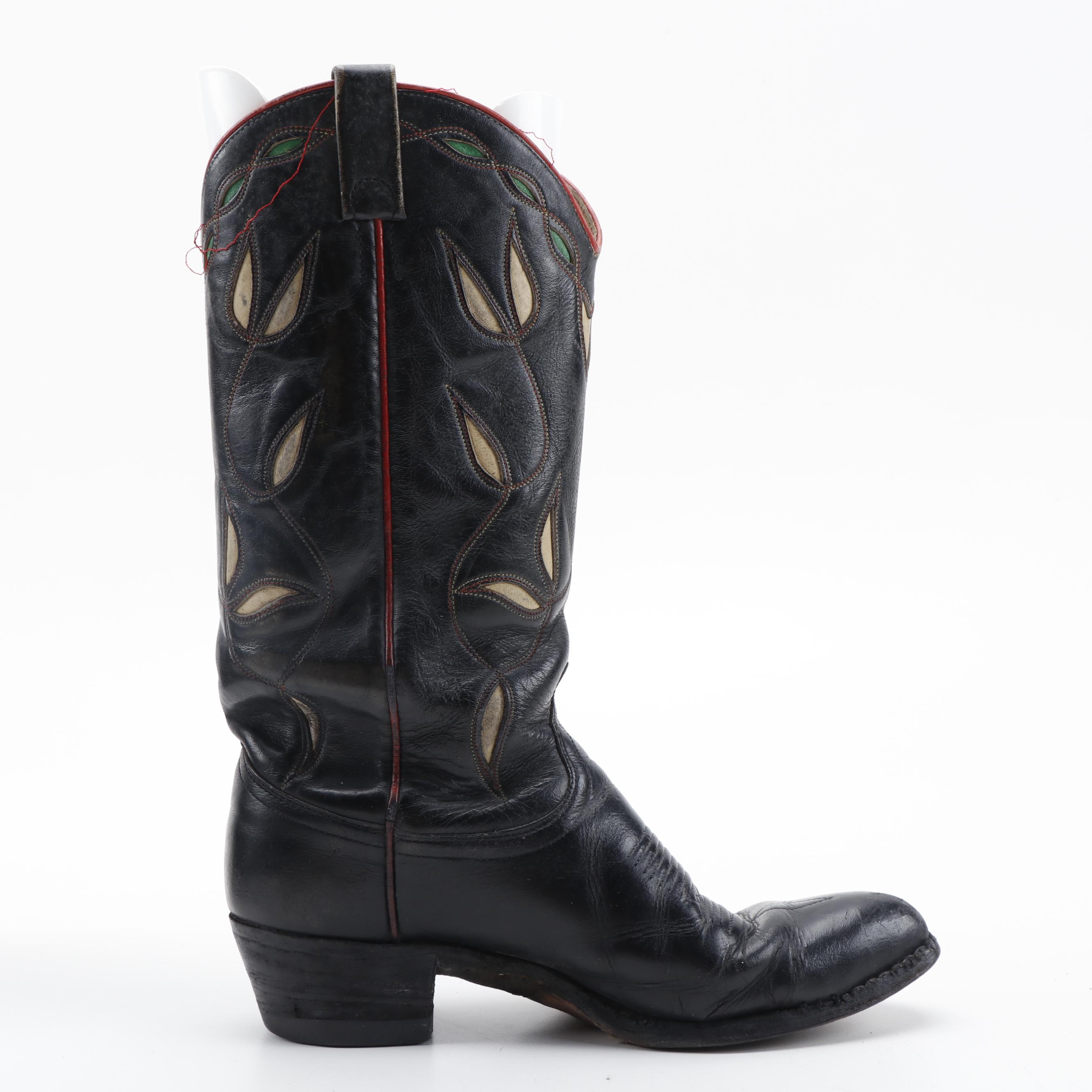 Ralph Lauren Black Leather Cowboy Boots with Green and White Inlay Details