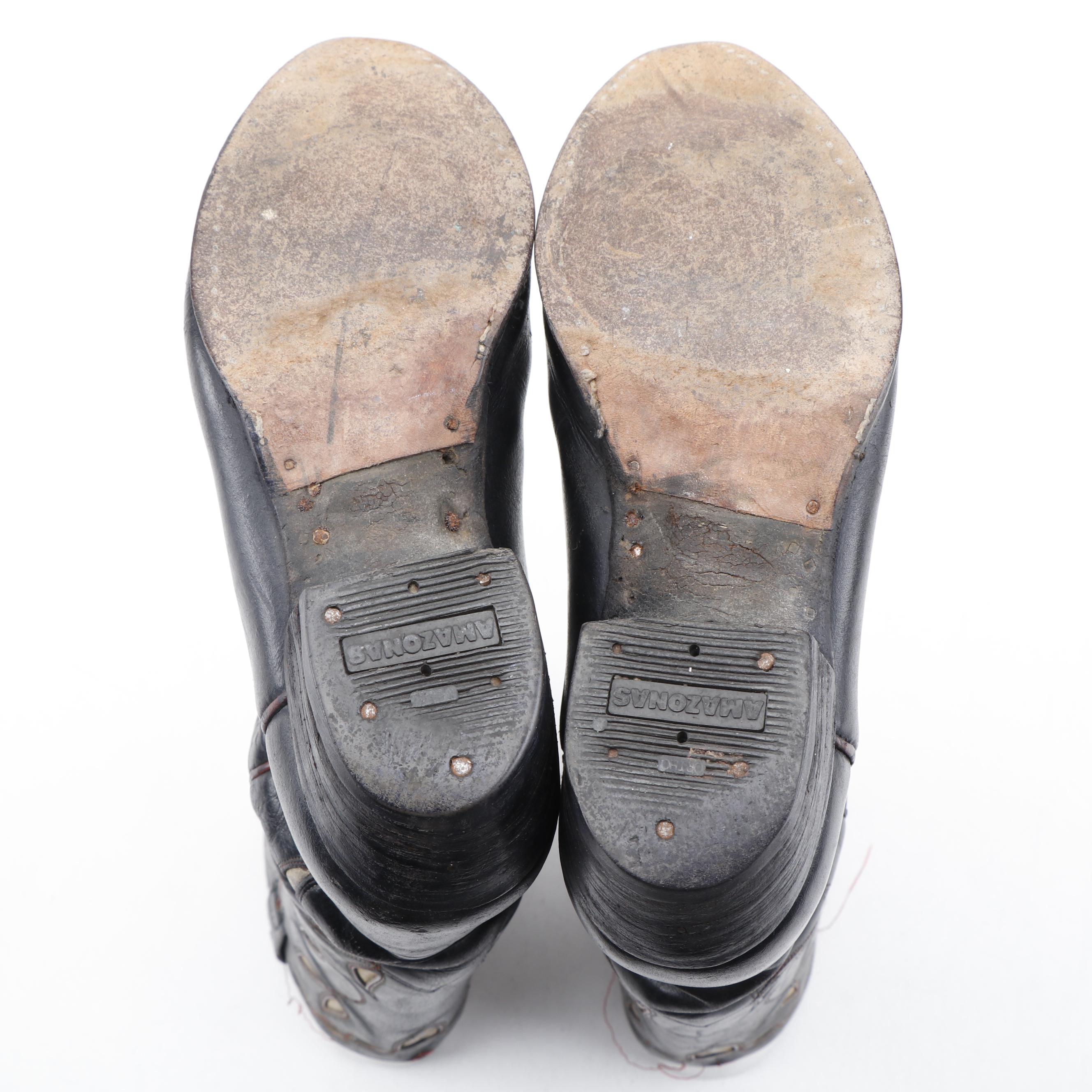 Ralph Lauren Black Leather Cowboy Boots with Green and White Inlay Details