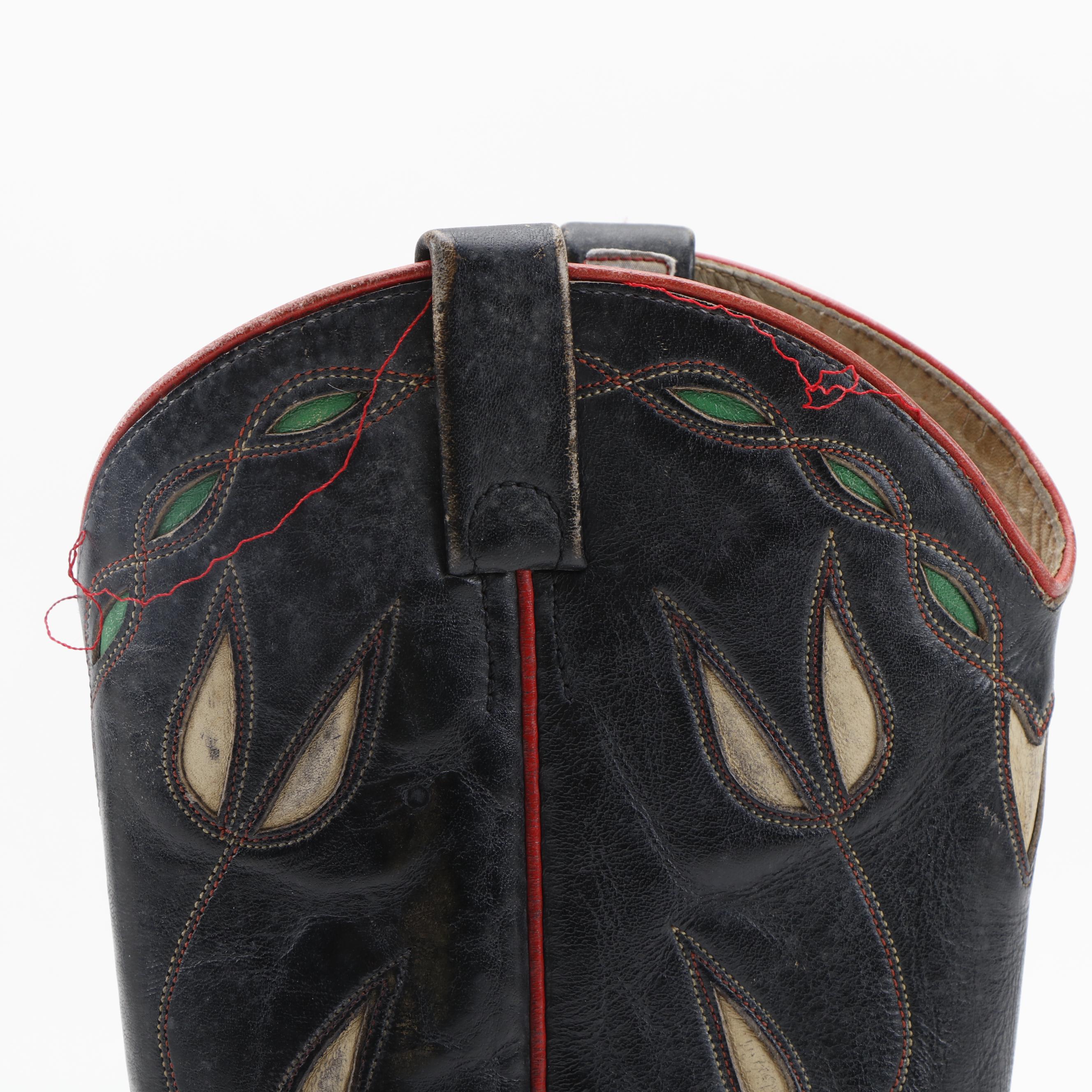 Ralph Lauren Black Leather Cowboy Boots with Green and White Inlay Details