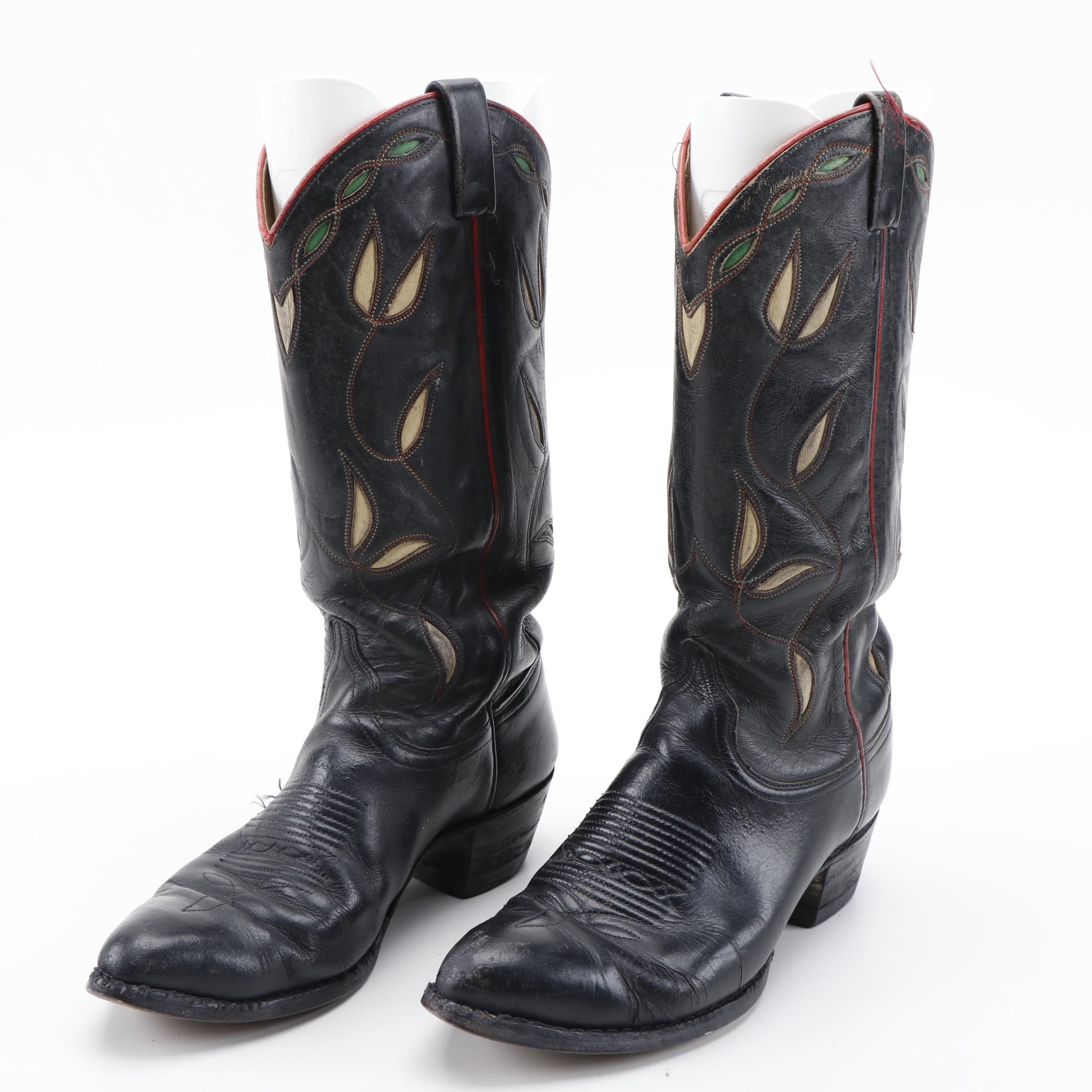 Ralph Lauren Black Leather Cowboy Boots with Green and White Inlay Details