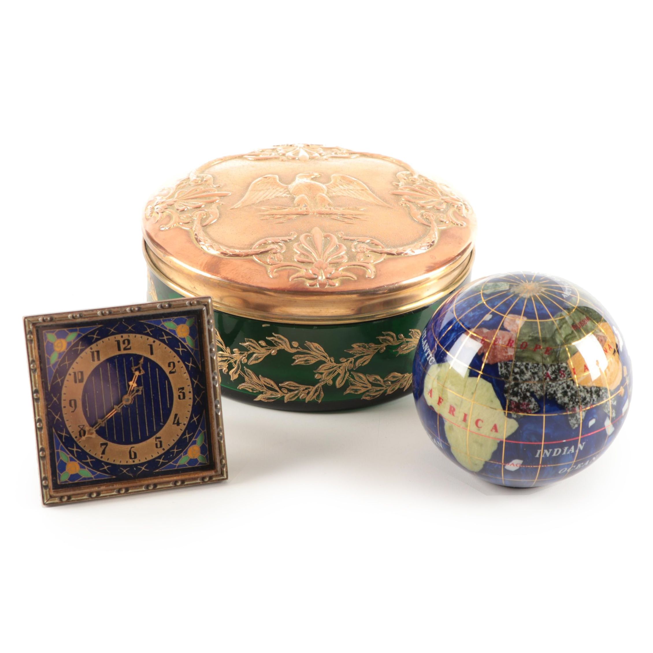 Art Deco Cloisonné Desk Clock with Vanity Box and Gemstone Globe