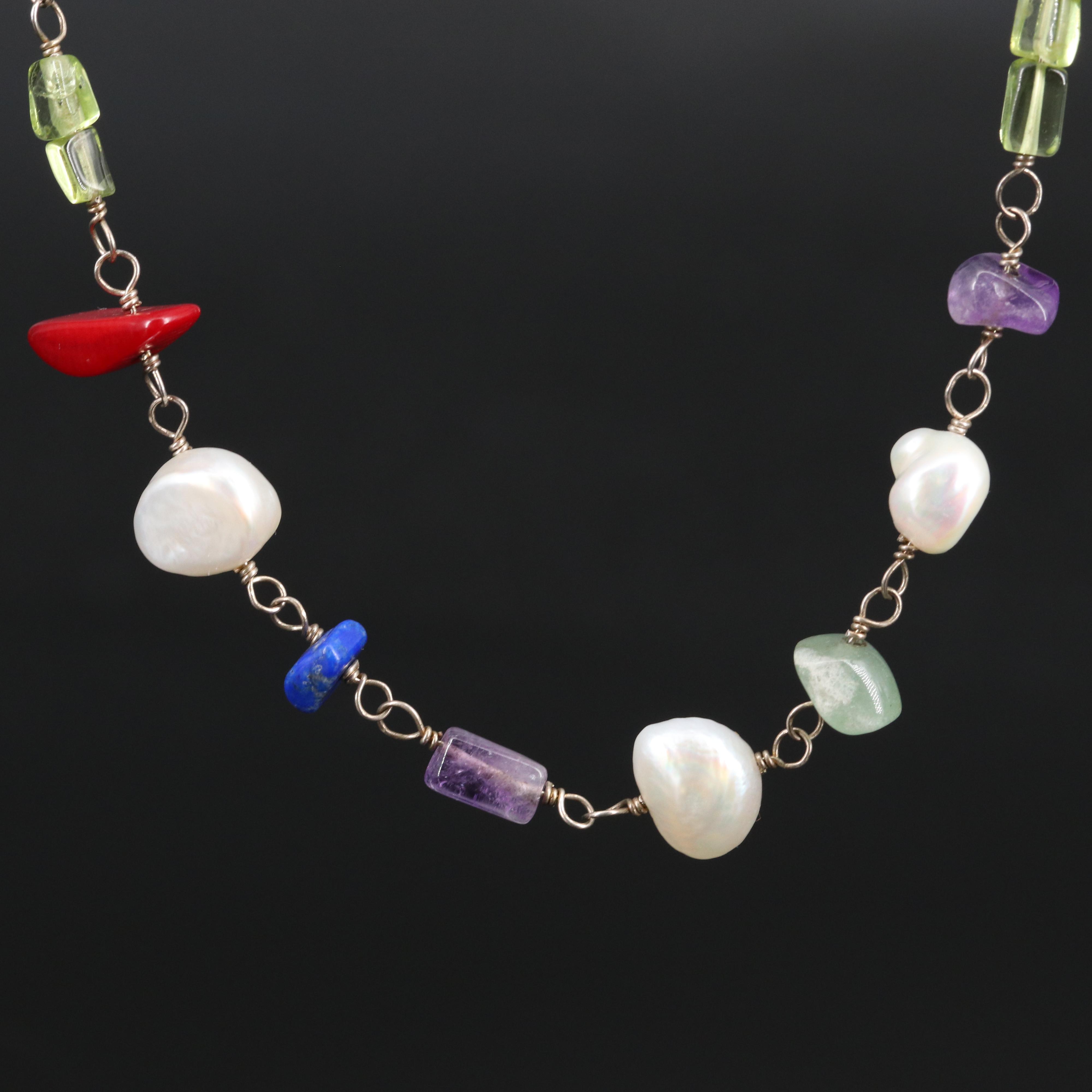 Silpada Sterling Station Necklace Including Pearl, Smoky Quartz, Coral and More