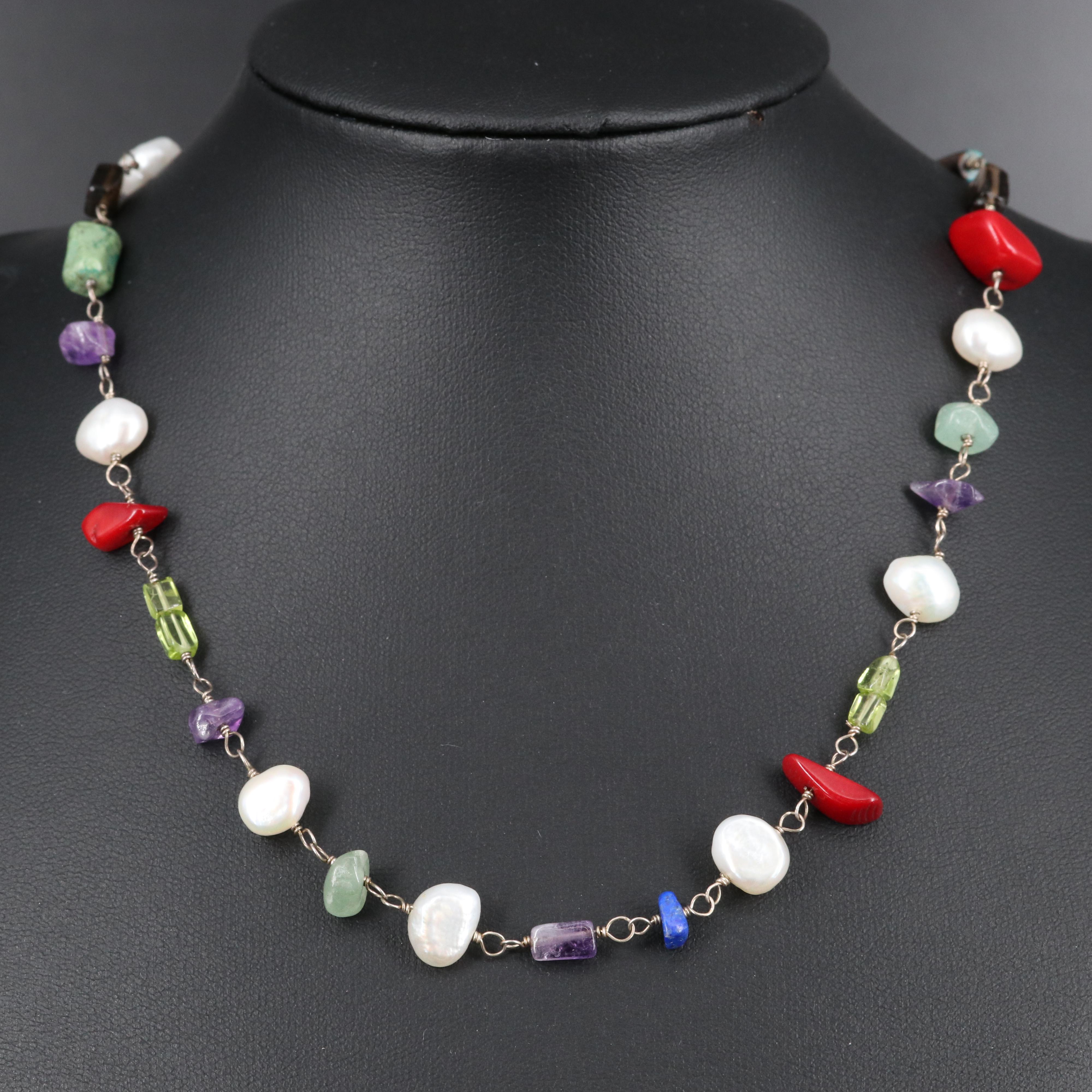 Silpada Sterling Station Necklace Including Pearl, Smoky Quartz, Coral and More