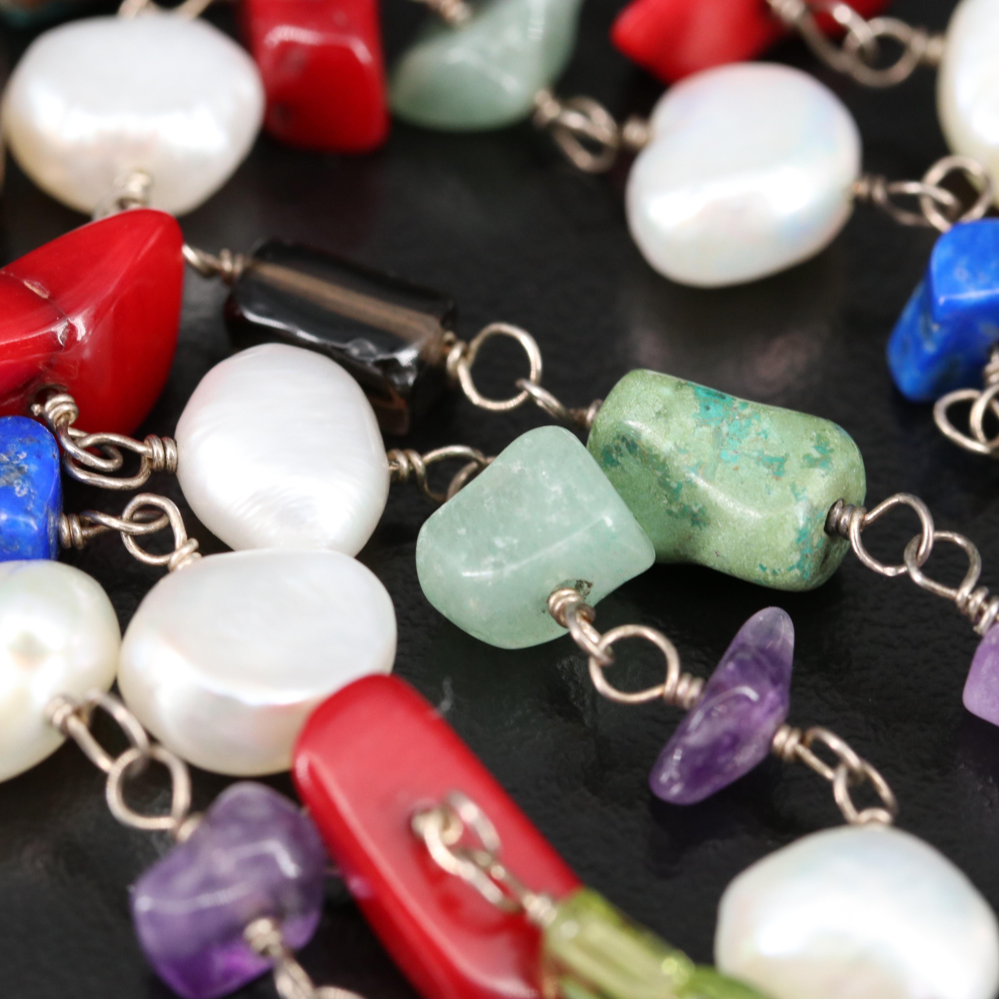 Silpada Sterling Station Necklace Including Pearl, Smoky Quartz, Coral and More