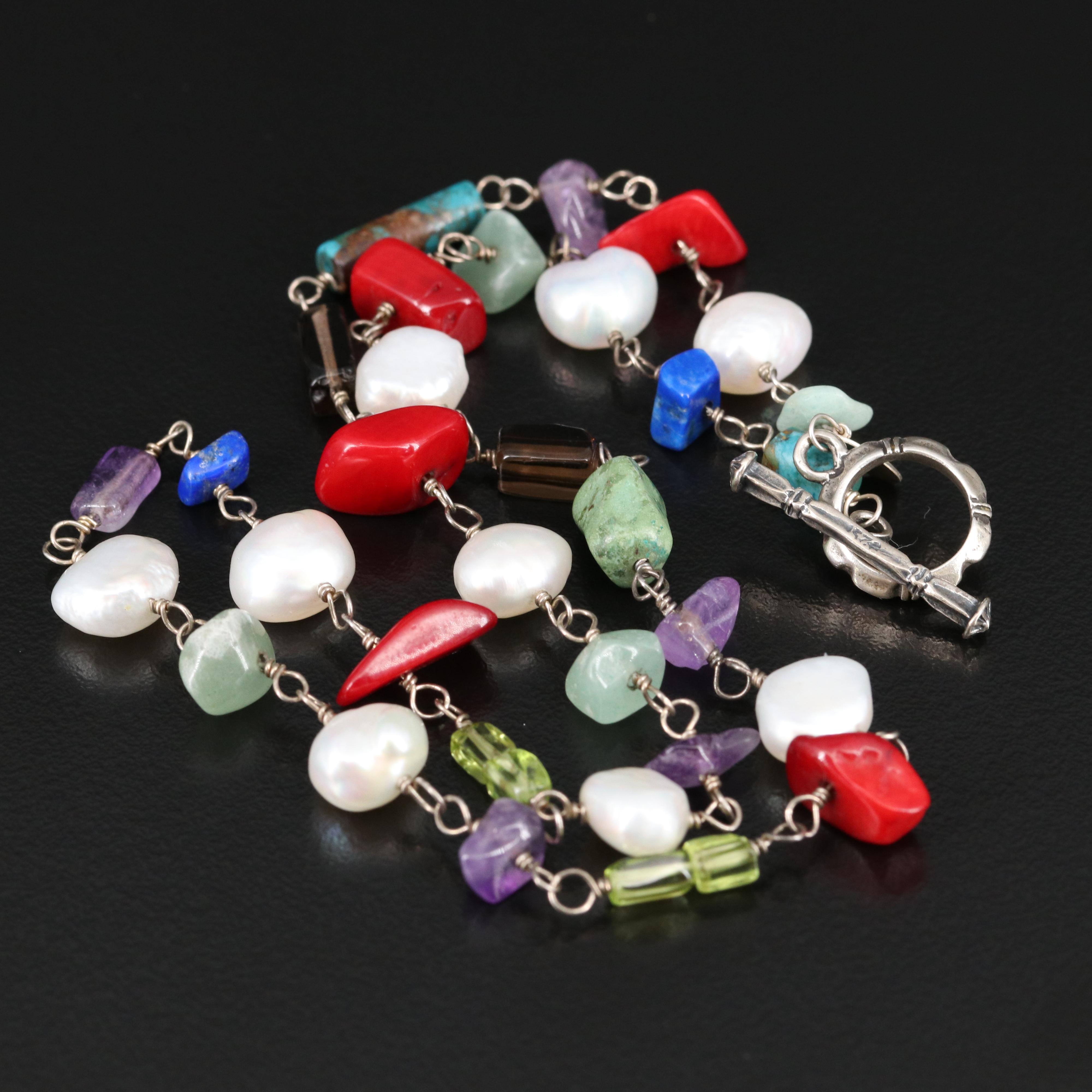 Silpada Sterling Station Necklace Including Pearl, Smoky Quartz, Coral and More