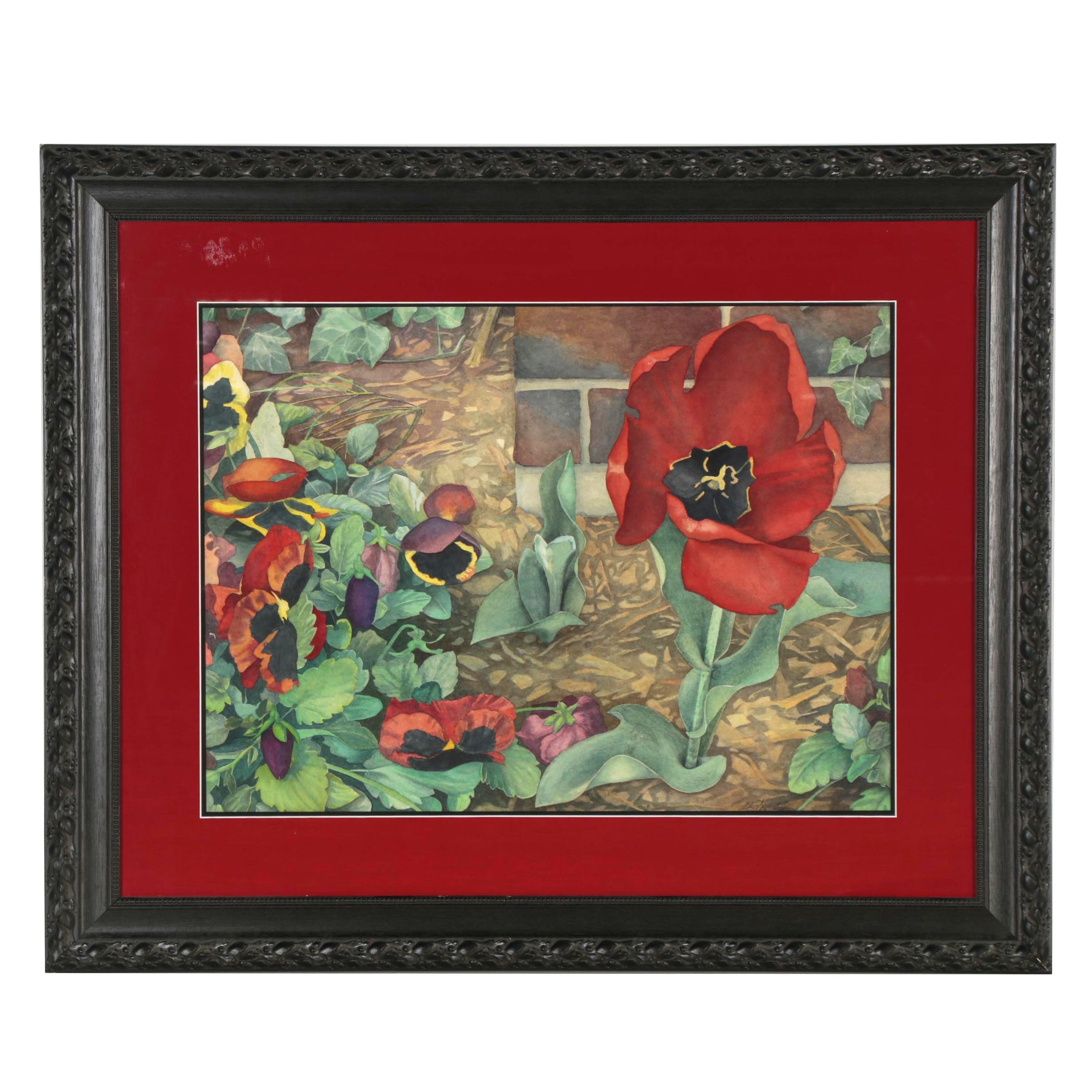 Pamela Bishop Watercolor Painting of Tulips and Pansies, 1985