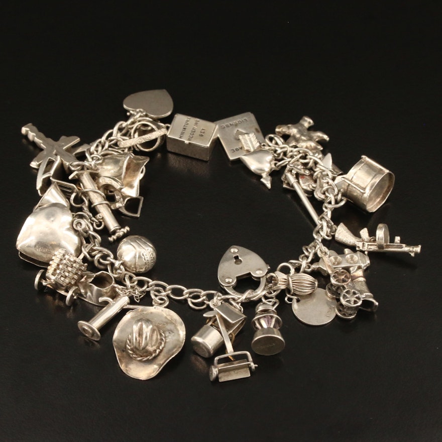 Vintage Sterling Charm Bracelet with 'Forget Me Not' Heart and Cross Charms