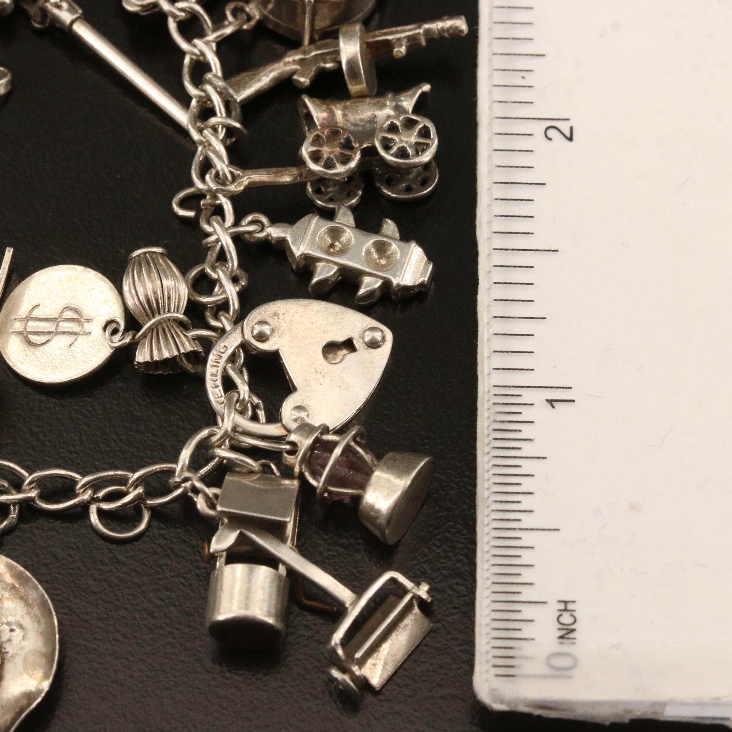 Vintage Sterling Charm Bracelet with 'Forget Me Not' Heart and Cross Charms