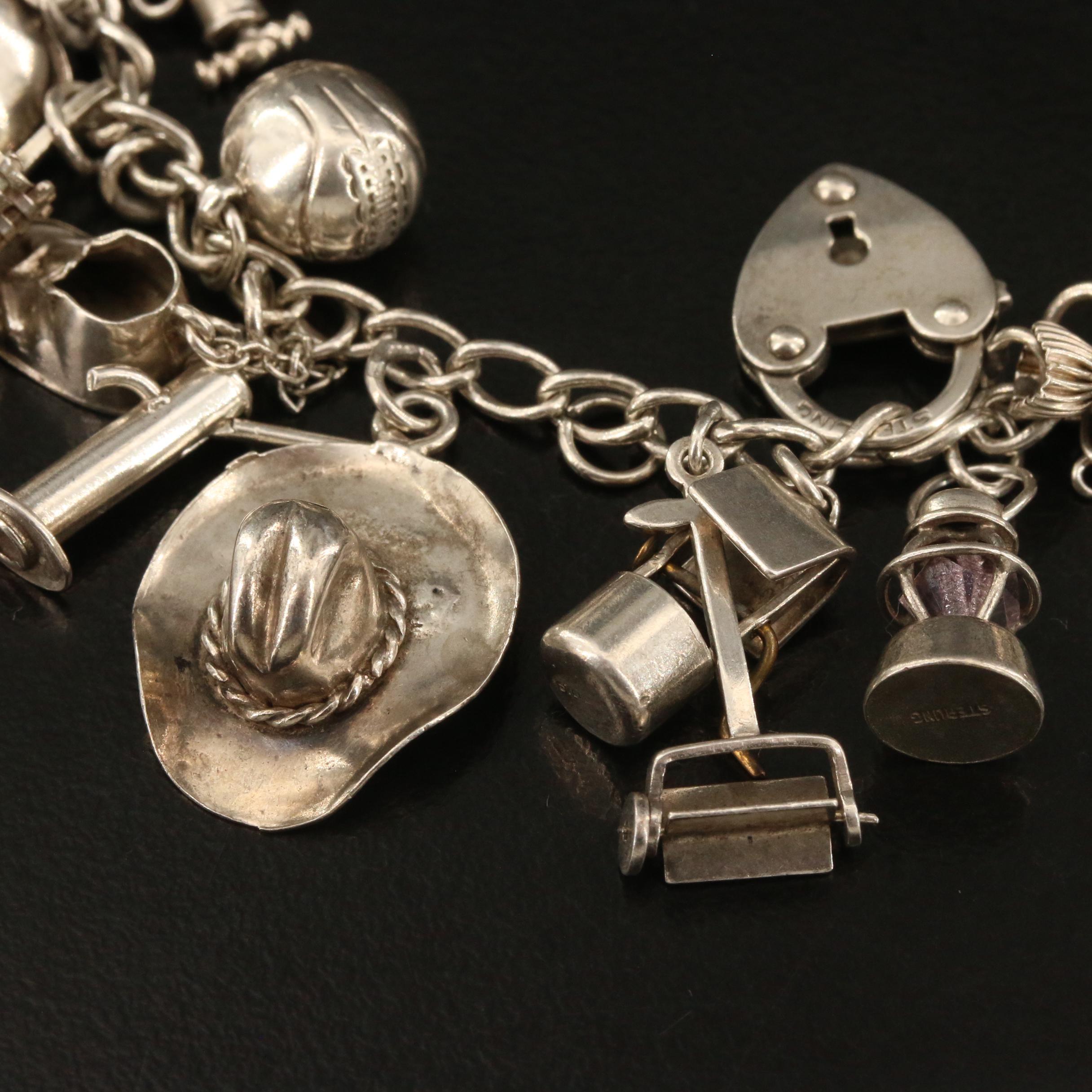 Vintage Sterling Charm Bracelet with 'Forget Me Not' Heart and Cross Charms