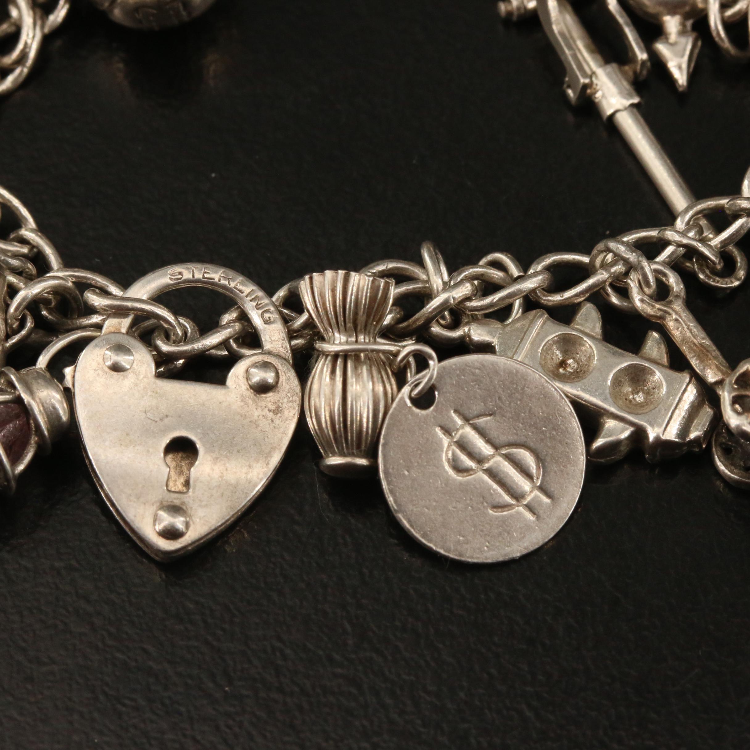Vintage Sterling Charm Bracelet with 'Forget Me Not' Heart and Cross Charms