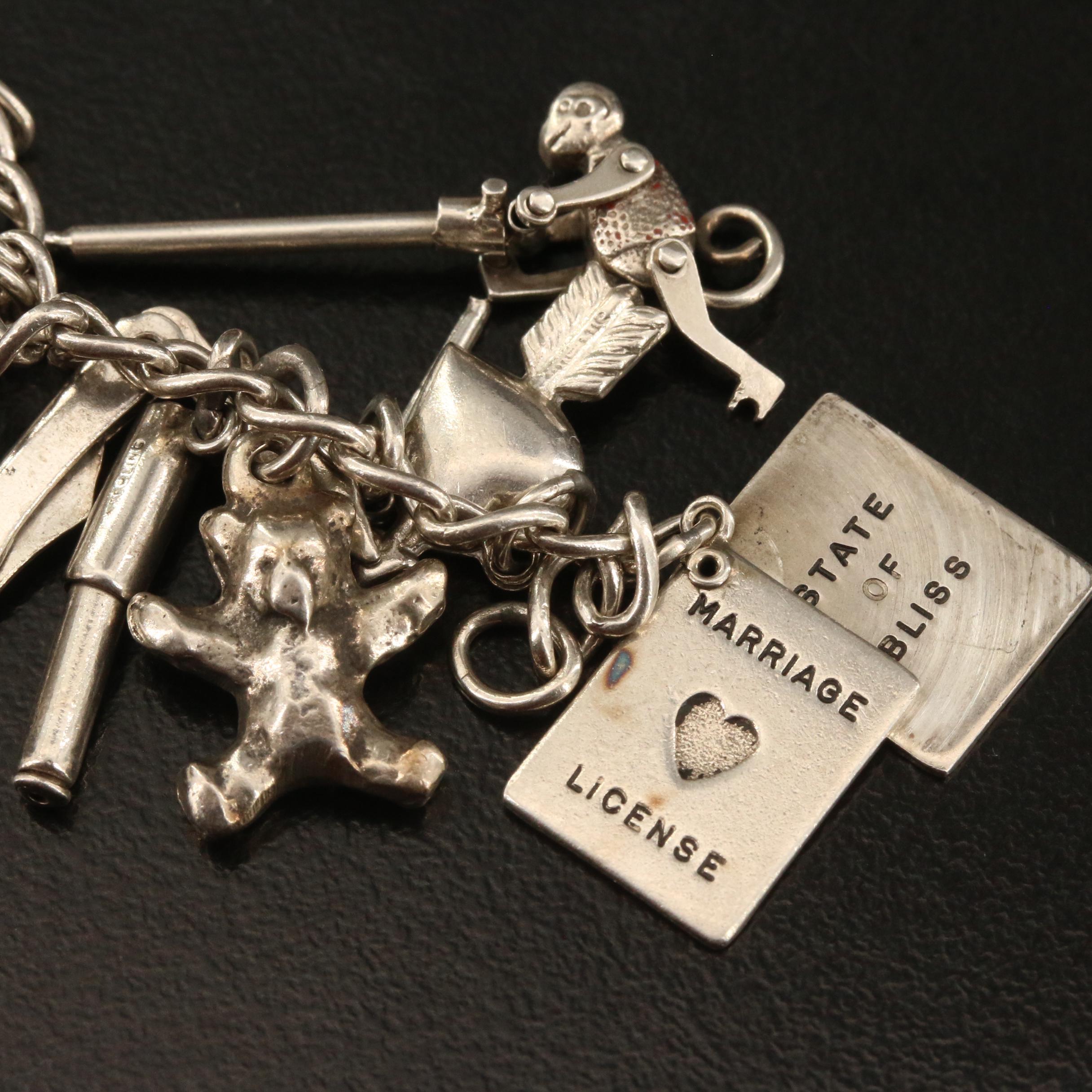 Vintage Sterling Charm Bracelet with 'Forget Me Not' Heart and Cross Charms