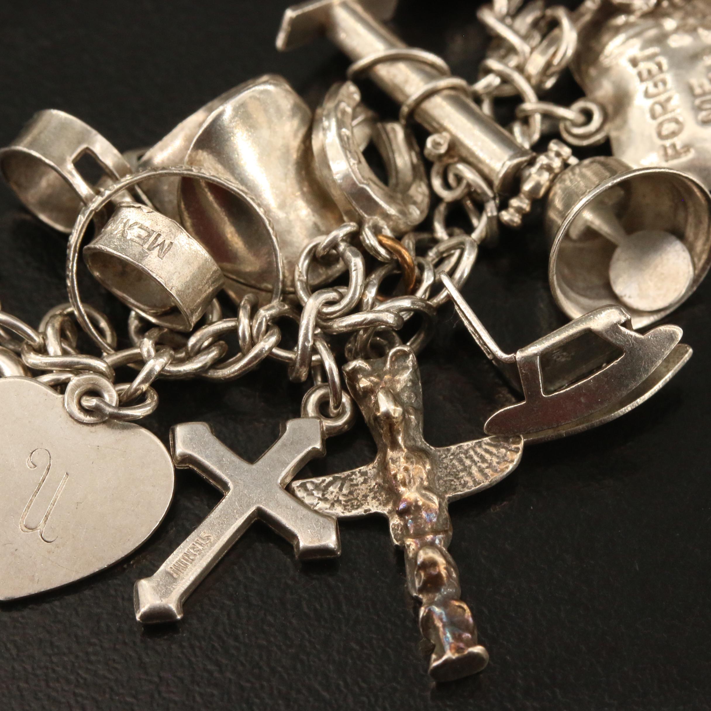 Vintage Sterling Charm Bracelet with 'Forget Me Not' Heart and Cross Charms