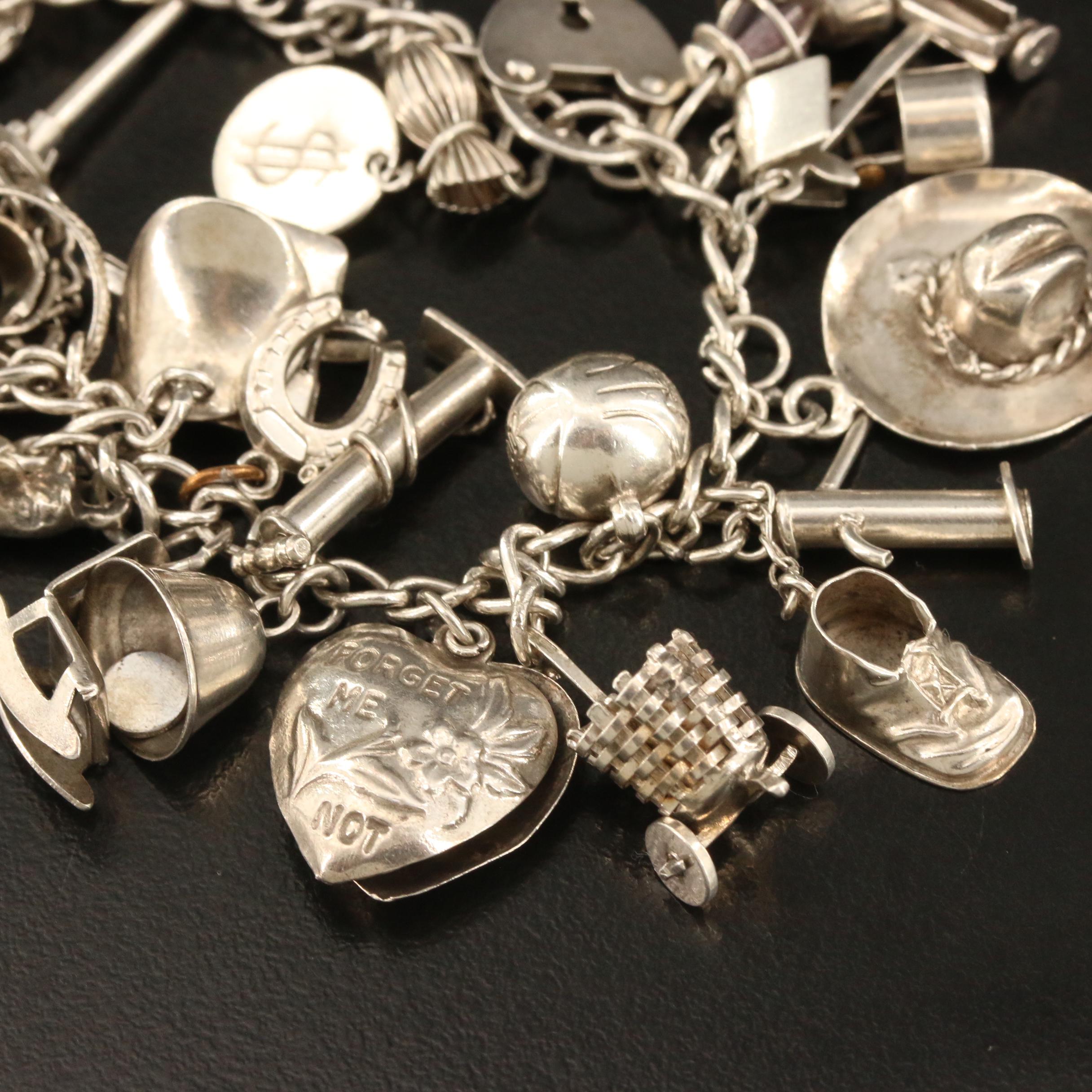 Vintage Sterling Charm Bracelet with 'Forget Me Not' Heart and Cross Charms