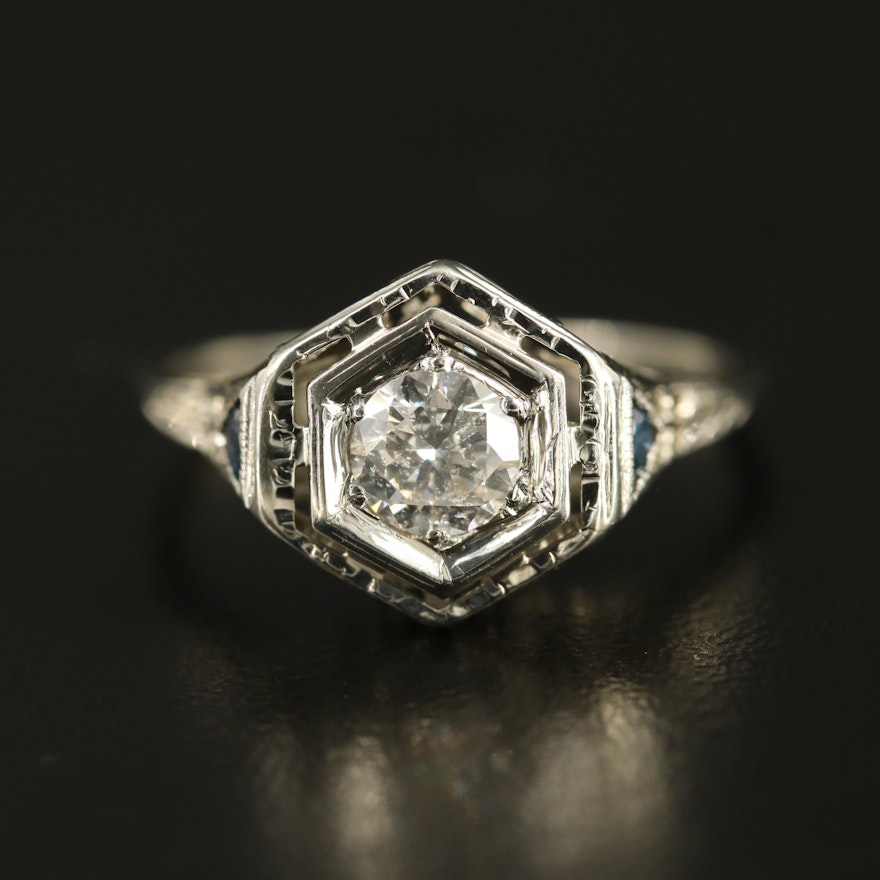 1930s 18K Diamond and Sapphire Ring