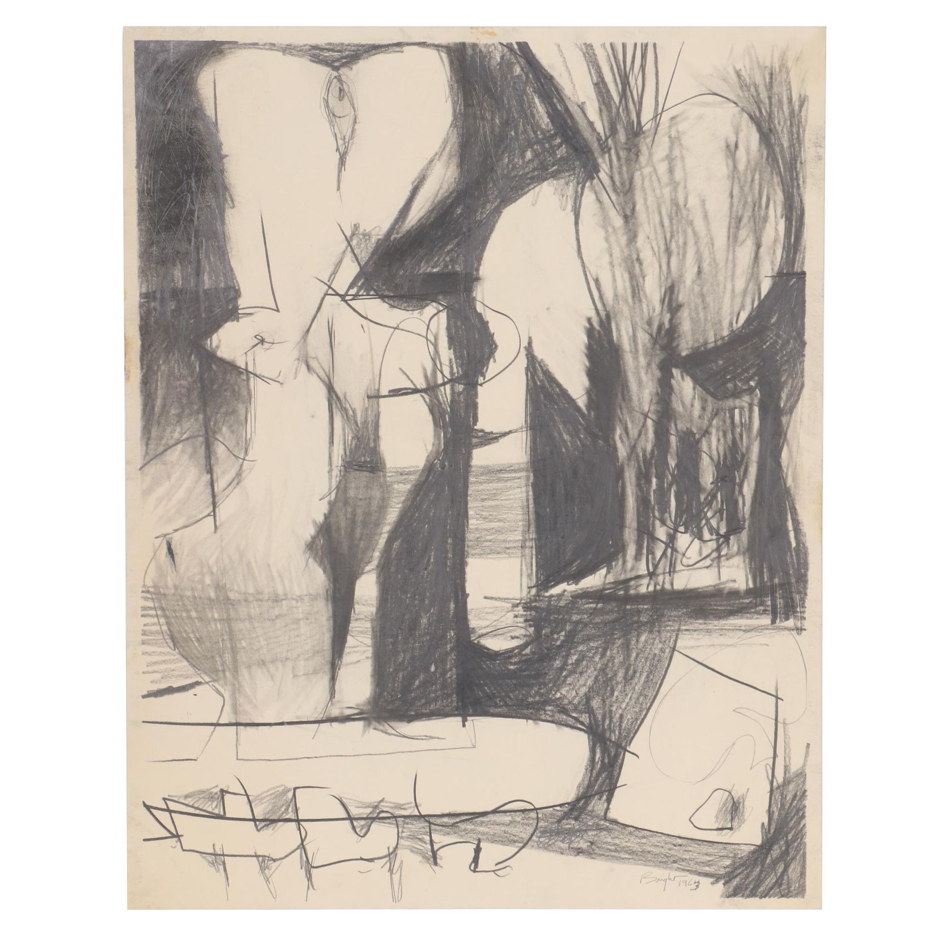 Harold Bright Abstract Graphite Drawing, 1963
