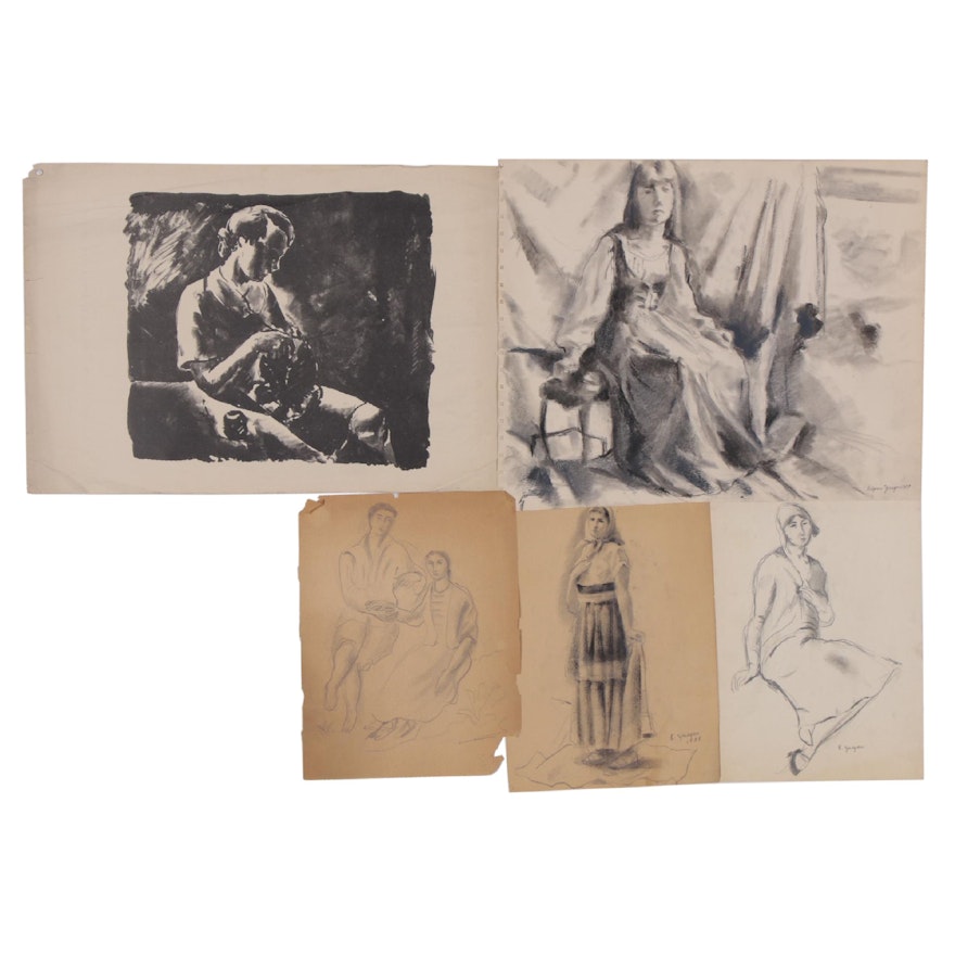 Edgar Yaeger Charcoal and Graphite Figure Studies and Lithograph