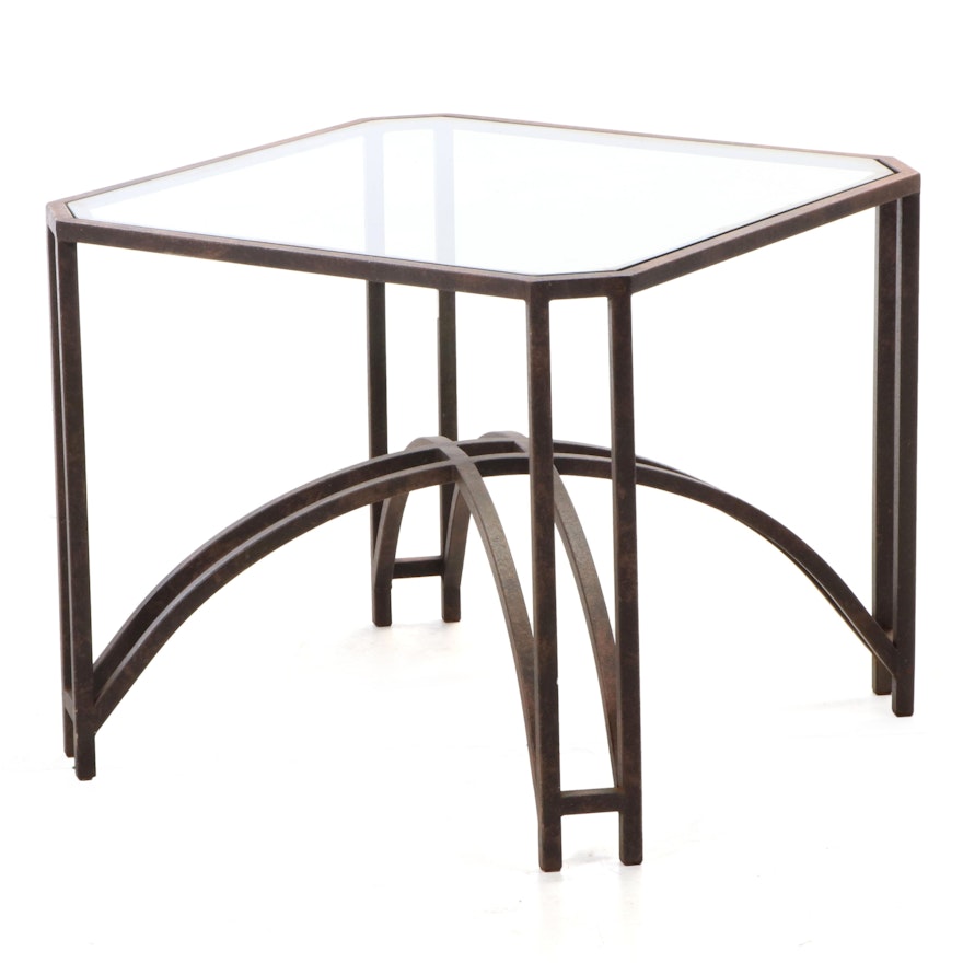 Patinated Metal and Glass Top Patio Side Table