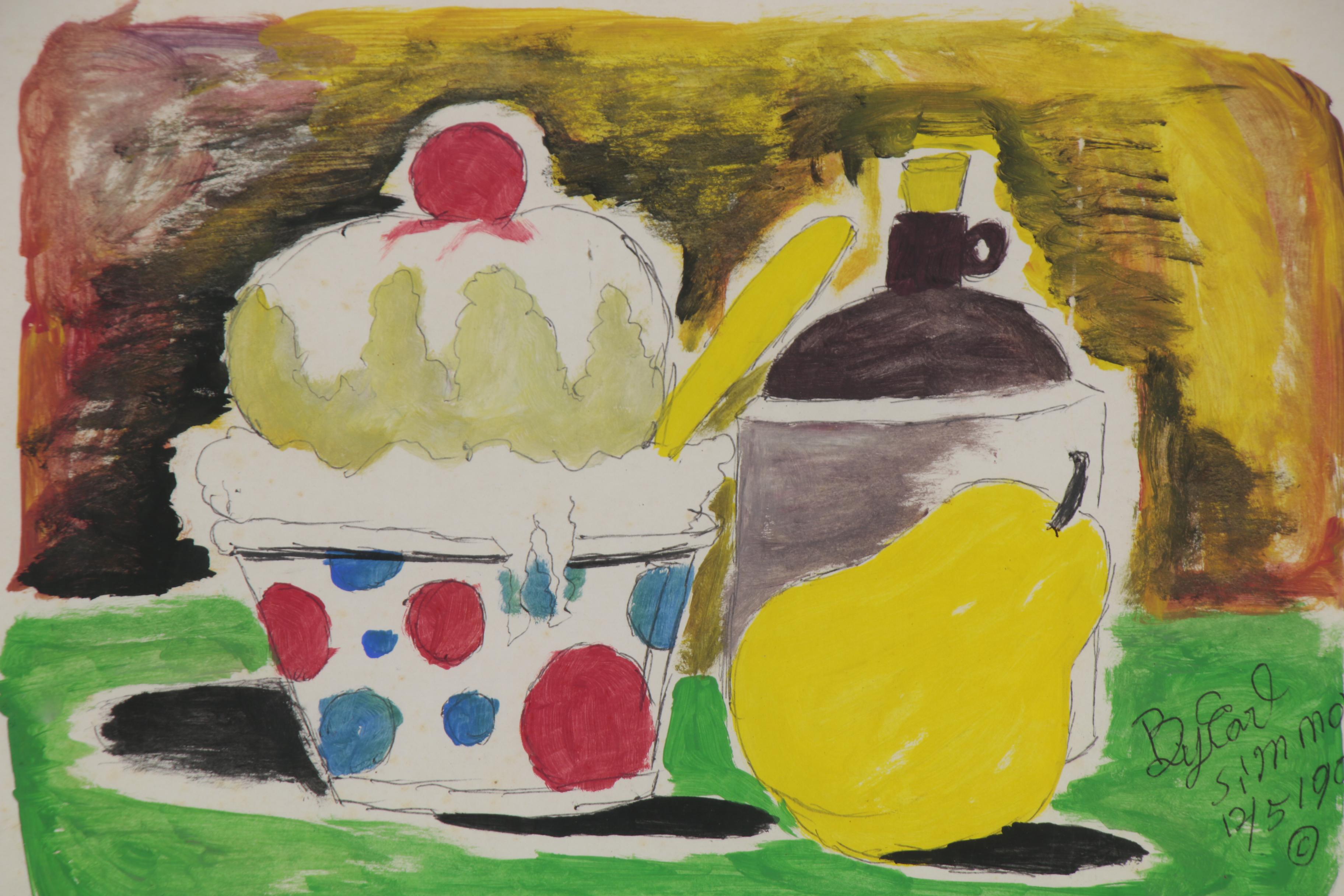 Earl Simmons Folk Art Still Life Acrylic Painting, 1990