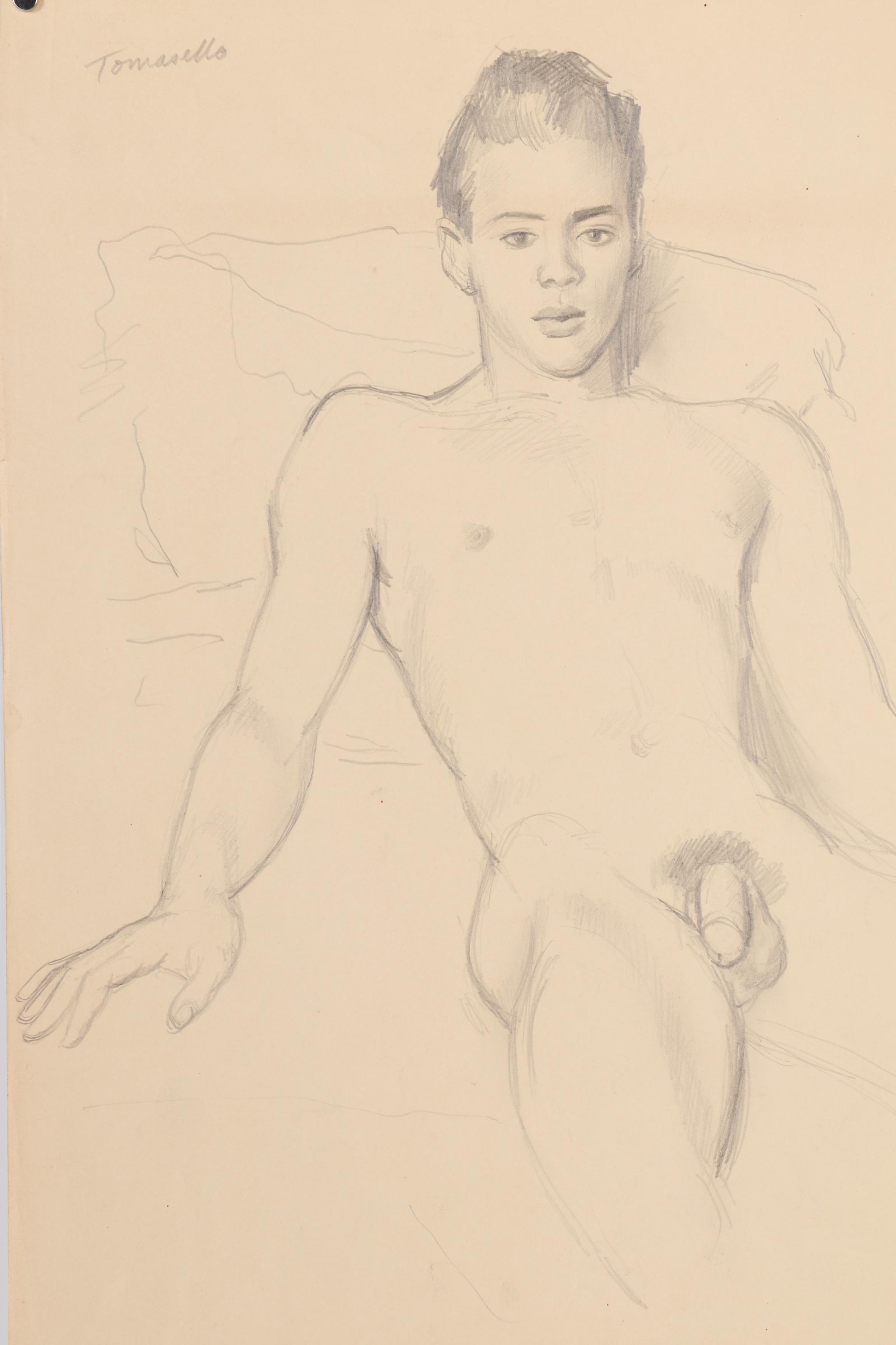 Vito Tomasello Figural Graphite Drawings and Art Show Flyer, Mid 20th Century