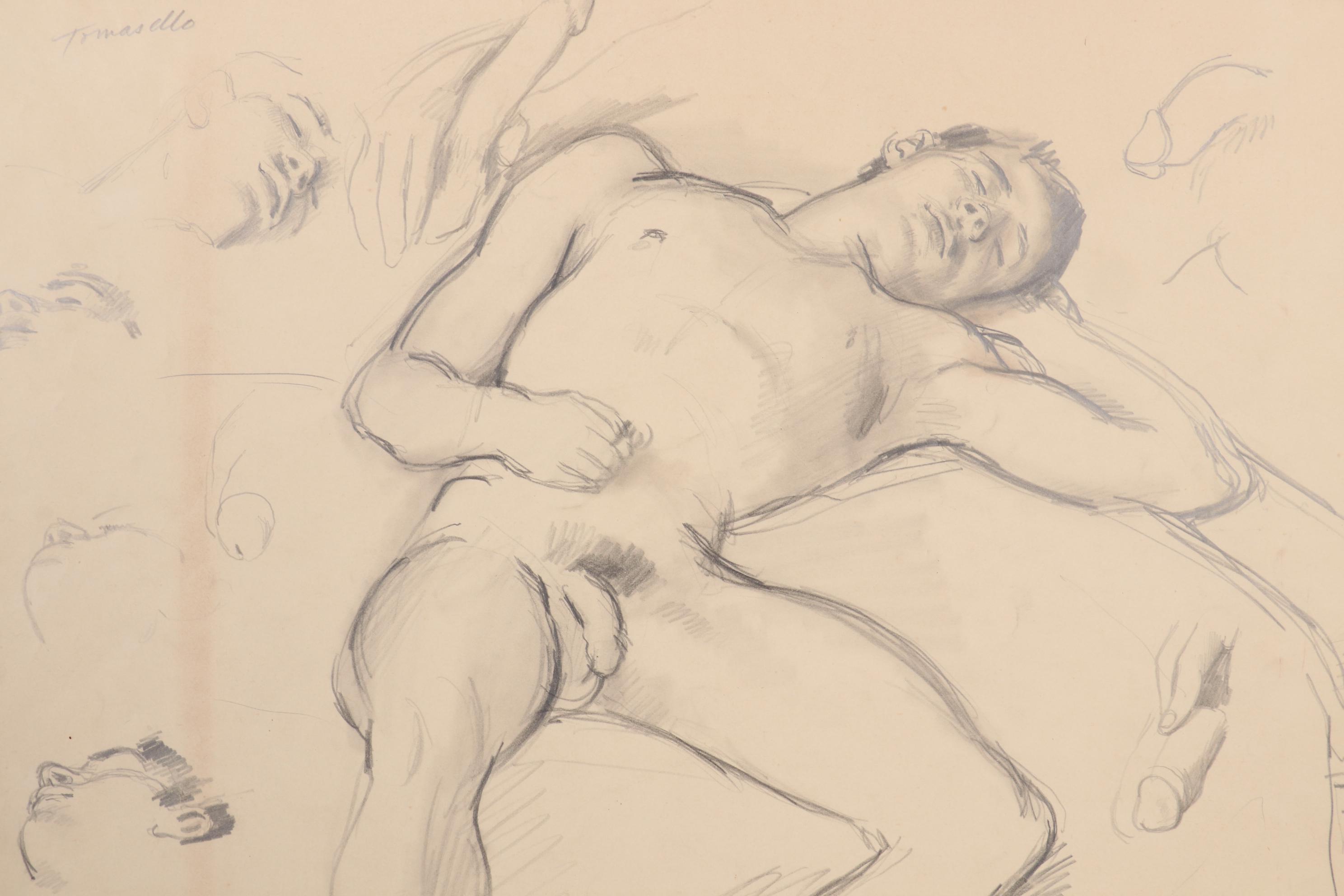 Vito Tomasello Figural Graphite Drawings and Art Show Flyer, Mid 20th Century