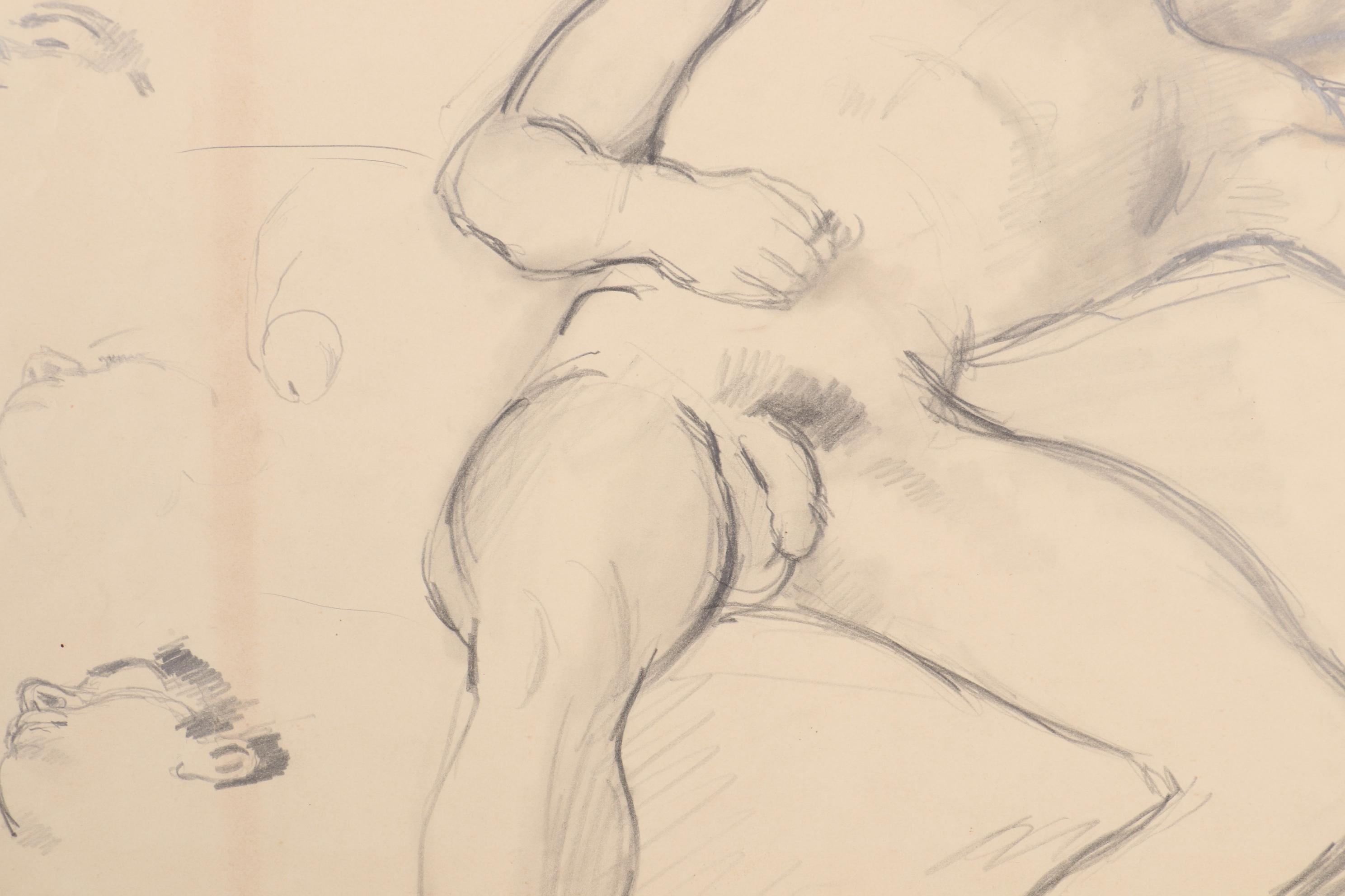 Vito Tomasello Figural Graphite Drawings and Art Show Flyer, Mid 20th Century