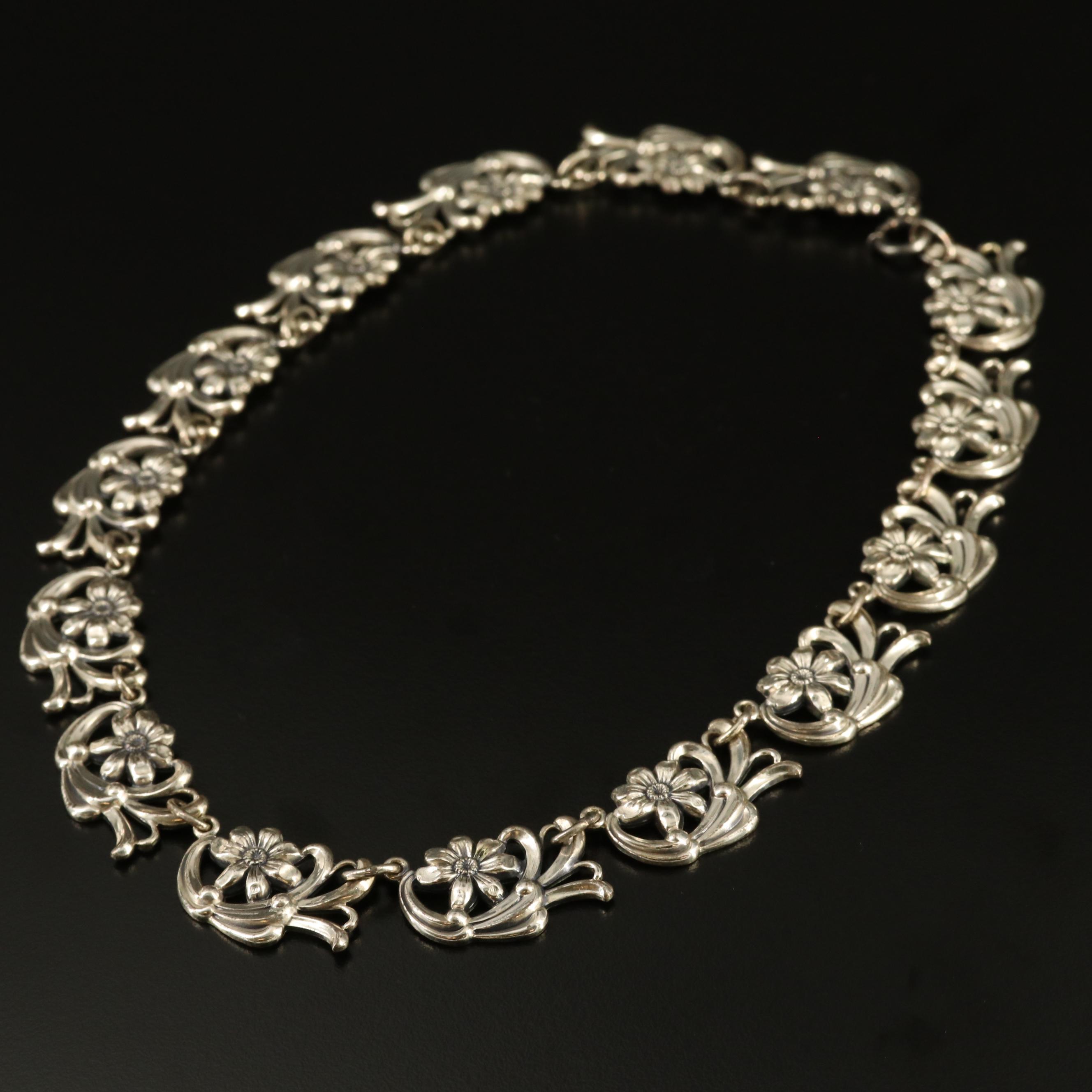 Vintage Danecraft Sterling Silver Floral Link Necklace