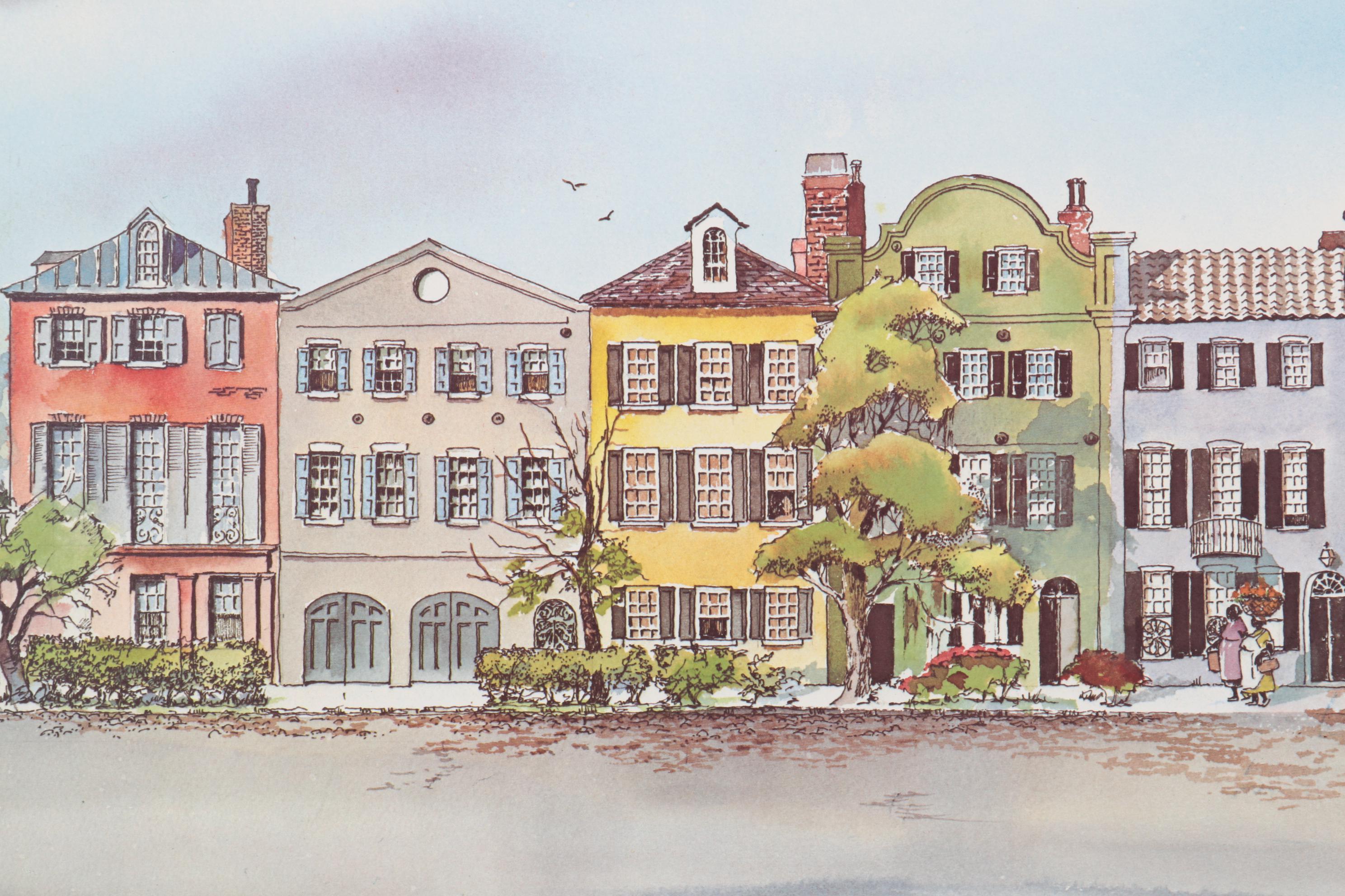 Virginia Fouche Bolton Offset Lithograph "Rainbow Row," Late 20th Century