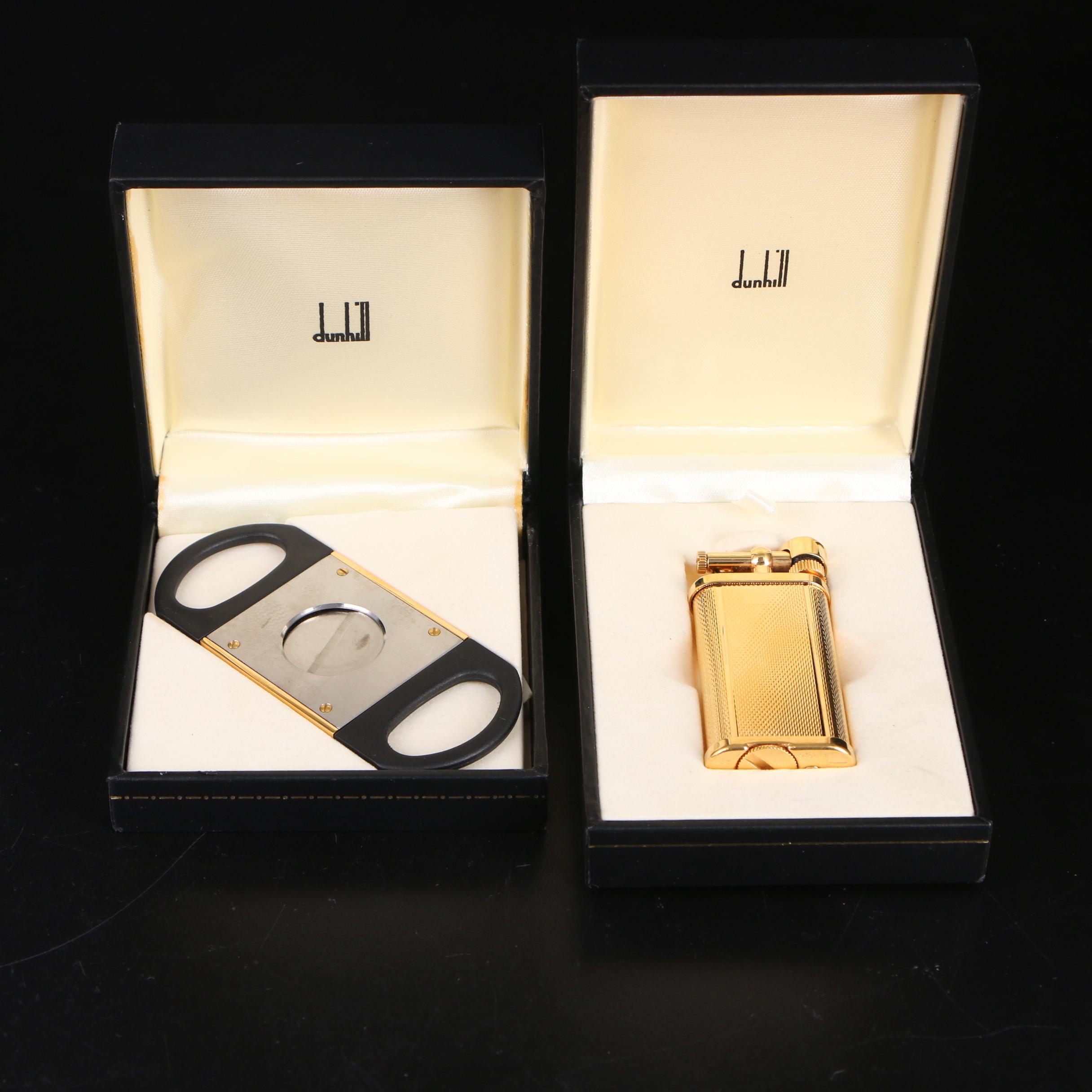 Dunhill Gold Lighter and Cigar Cutter in Original Packaging, Mid-20th Century