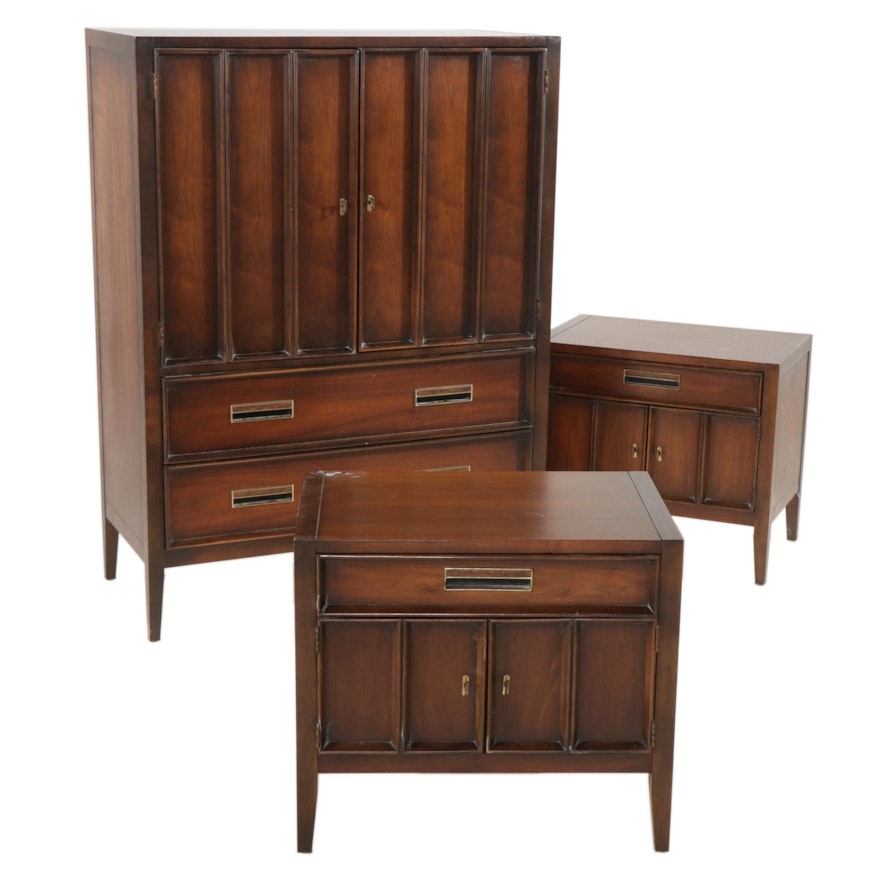 Drexel "Paragon" Mid Century Modern Walnut Tall Chest and Nightstands, c. 1970