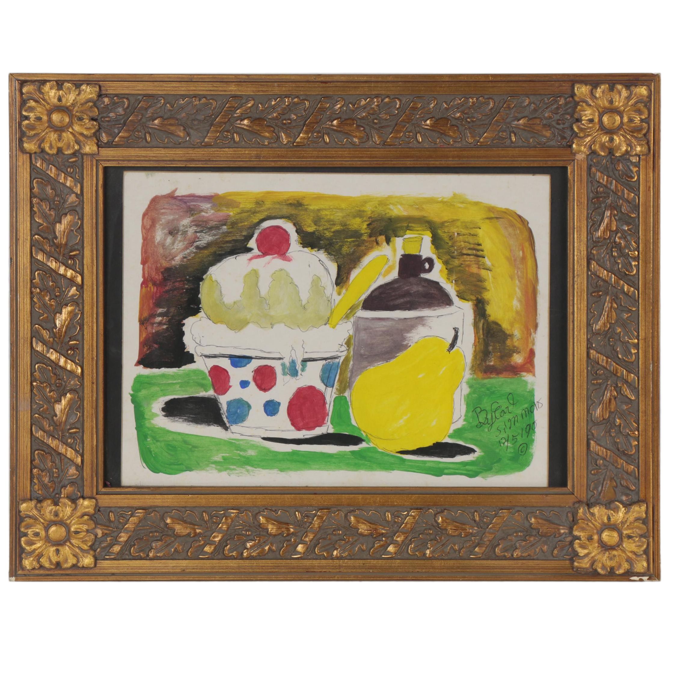 Earl Simmons Folk Art Still Life Acrylic Painting, 1990