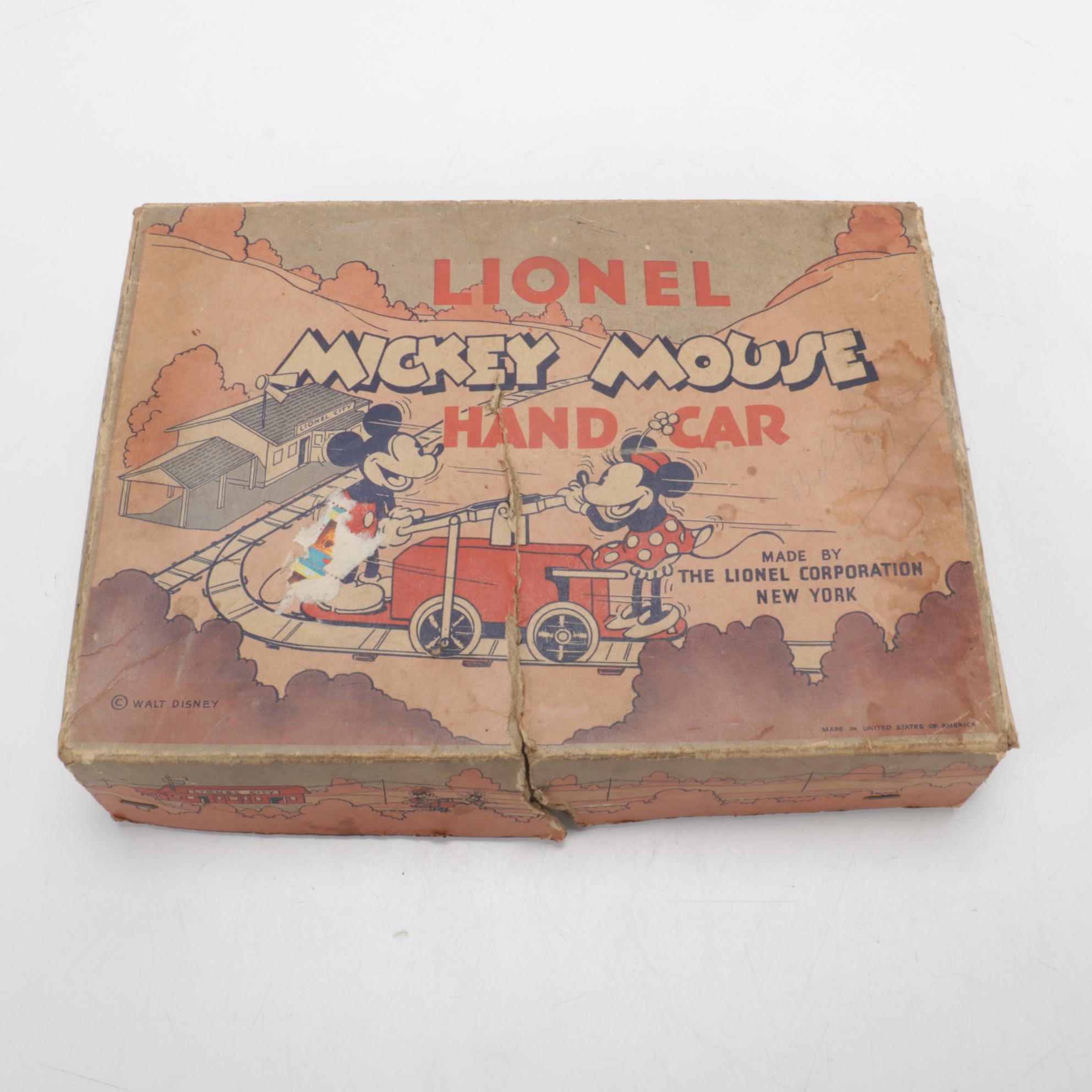 Lionel Mickey Mouse Hand Car and Walt Disney Circus Train Car, 1930s