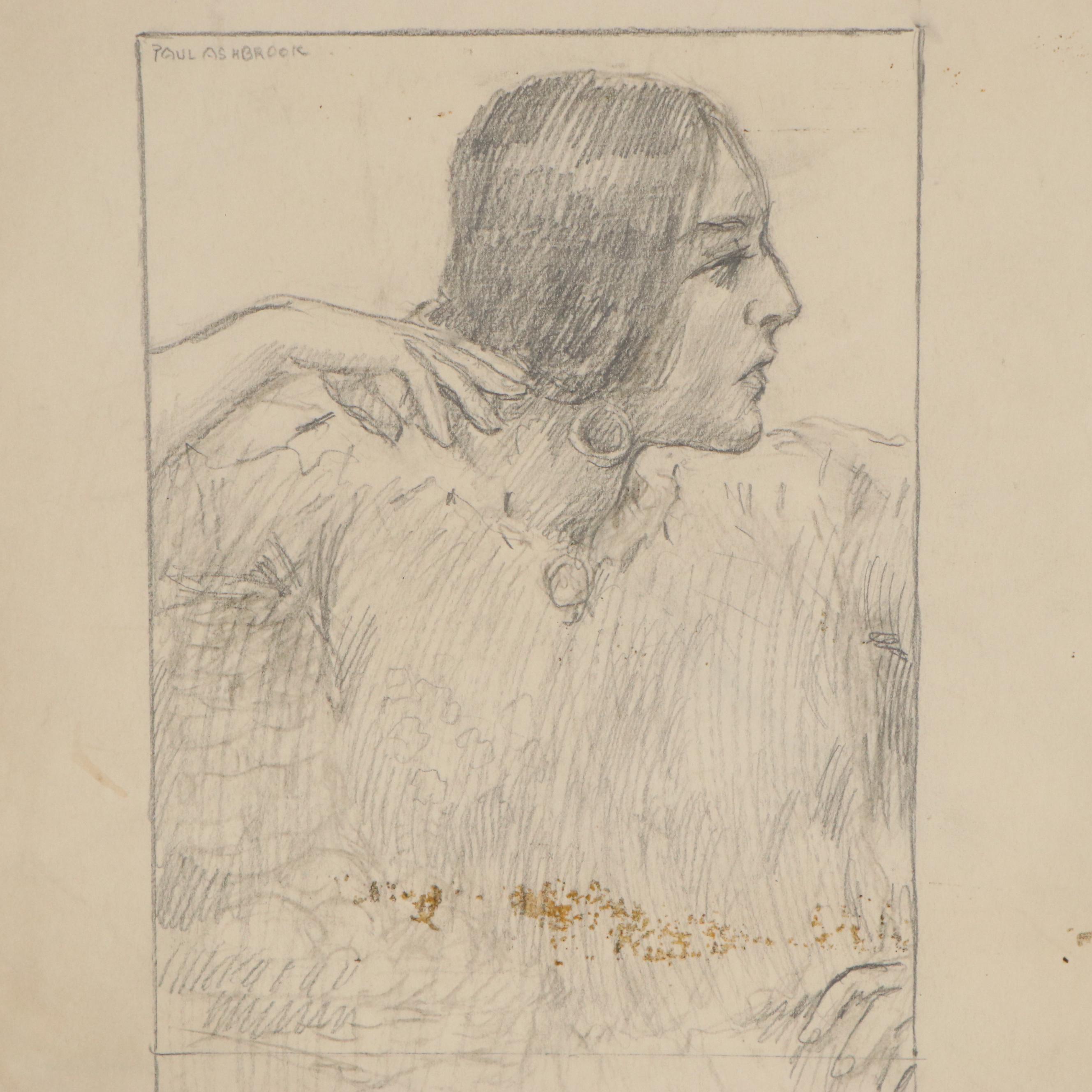 Paul Ashbrook Graphite Drawings of Lifestyle Portraiture, Late 19th Century
