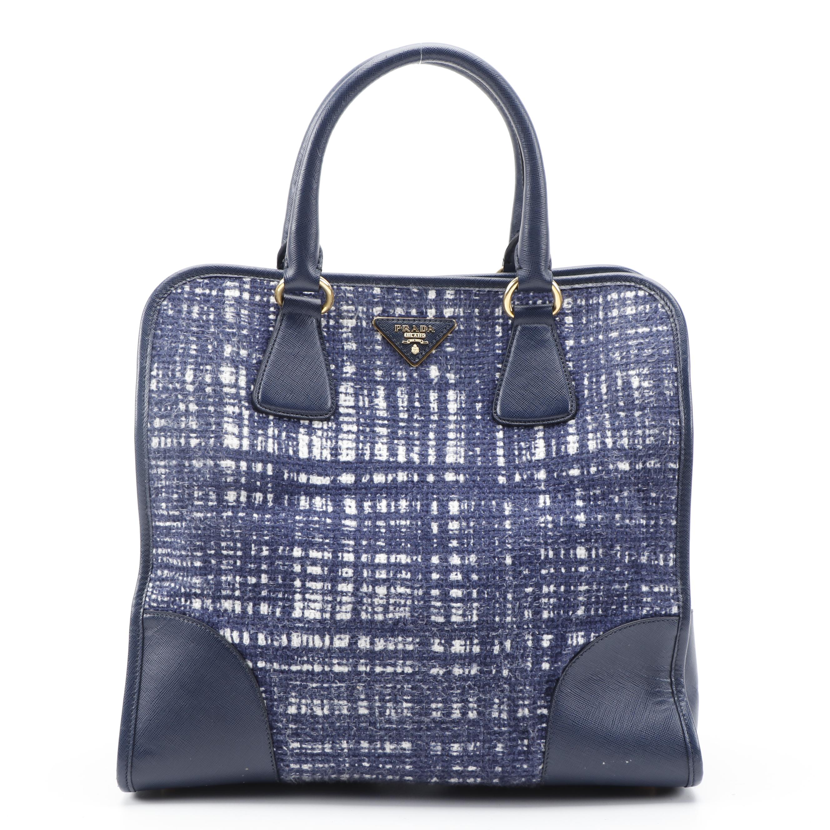 Prada Blue Tela Convertible Shopper Tote in Tweed and Saffiano Leather
