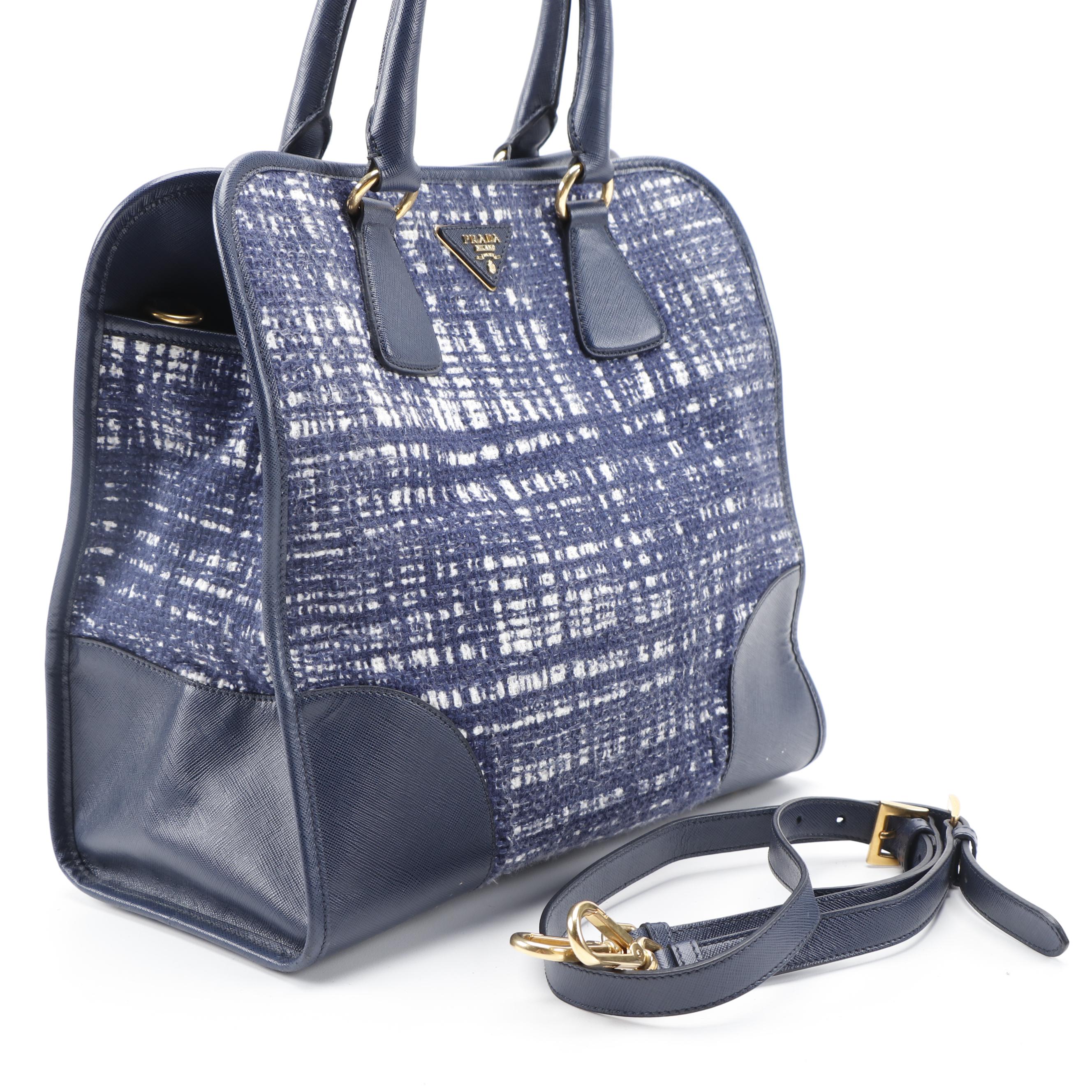 Prada Blue Tela Convertible Shopper Tote in Tweed and Saffiano Leather