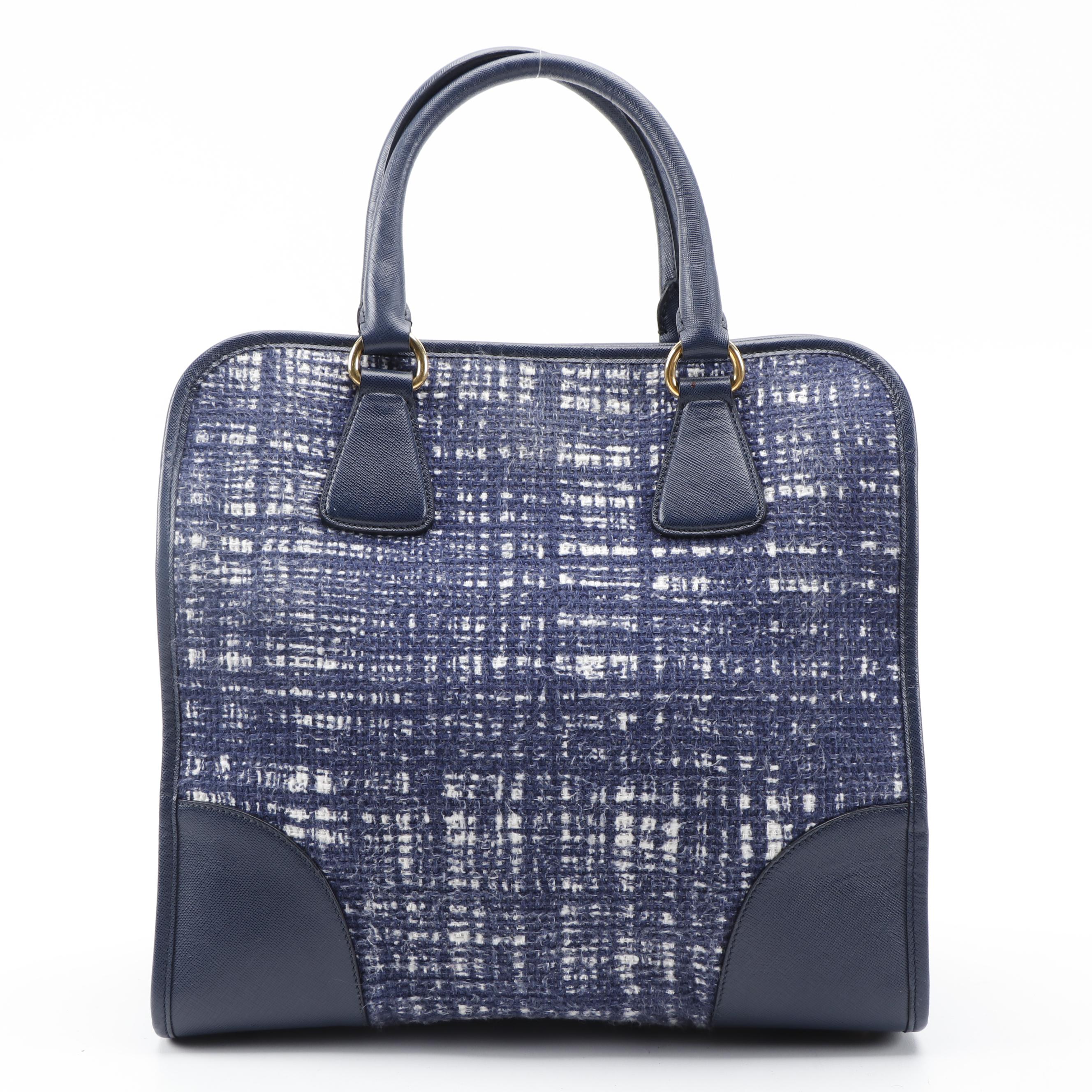 Prada Blue Tela Convertible Shopper Tote in Tweed and Saffiano Leather