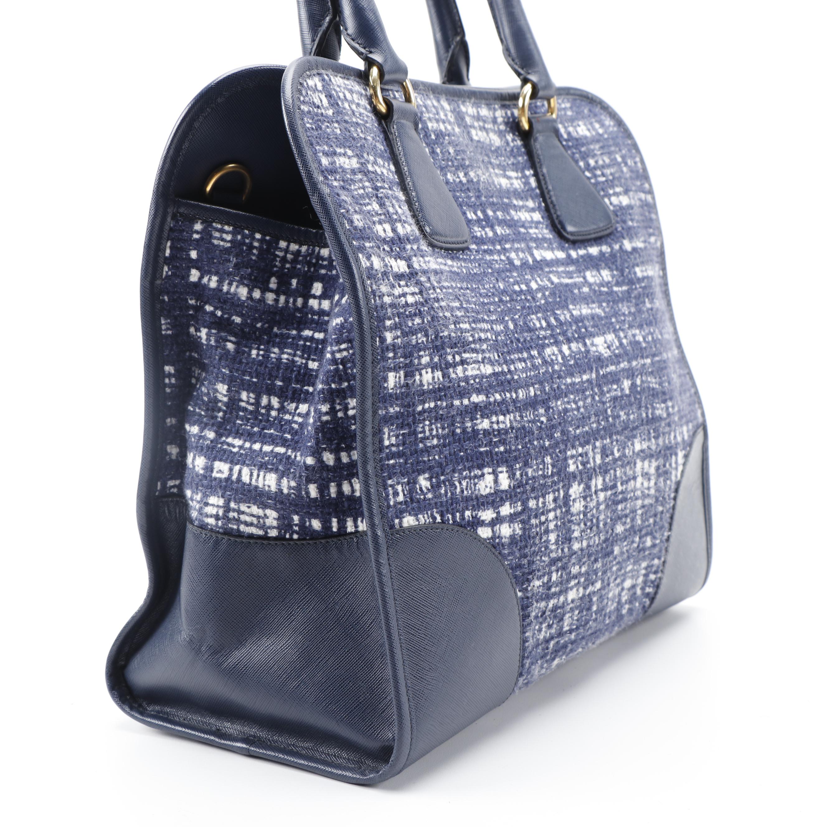 Prada Blue Tela Convertible Shopper Tote in Tweed and Saffiano Leather