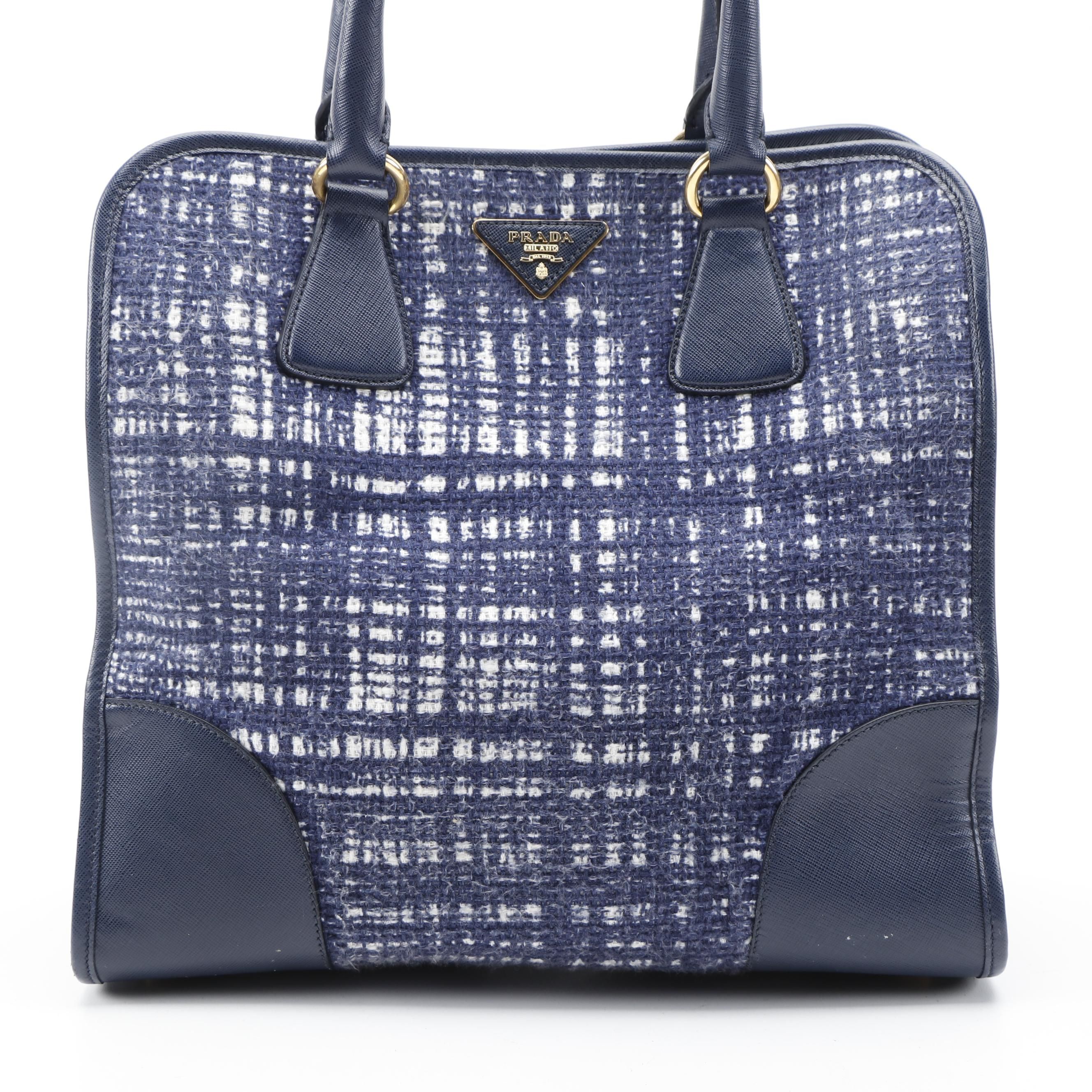 Prada Blue Tela Convertible Shopper Tote in Tweed and Saffiano Leather