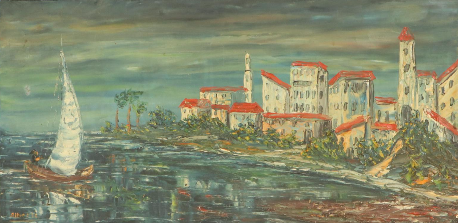 Impressionist Style Oil Painting of Iberian Coastal City, 20th Century