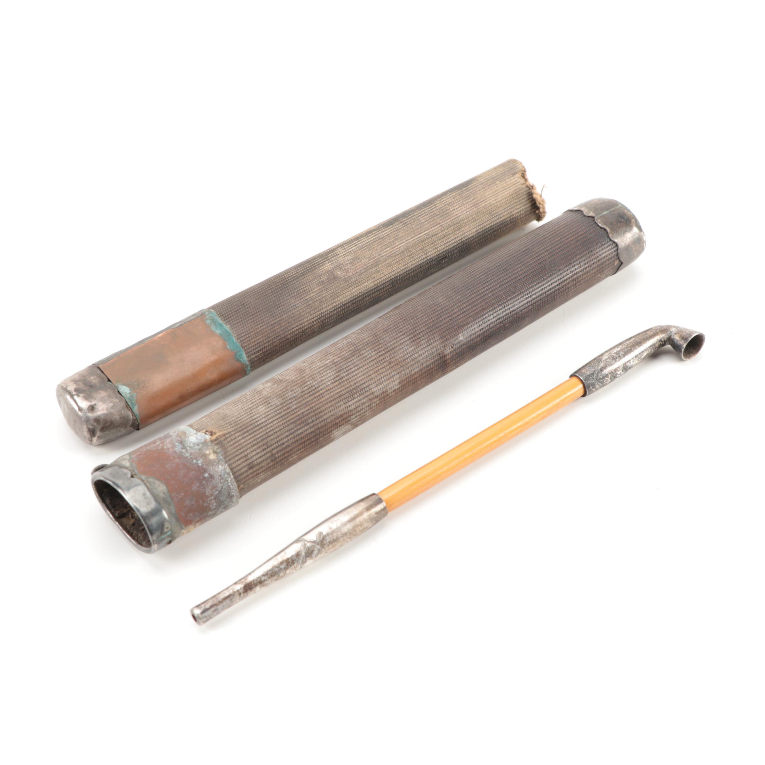 Japanese Silver Plate and Bamboo Kiseru Pipe with Case, Antique