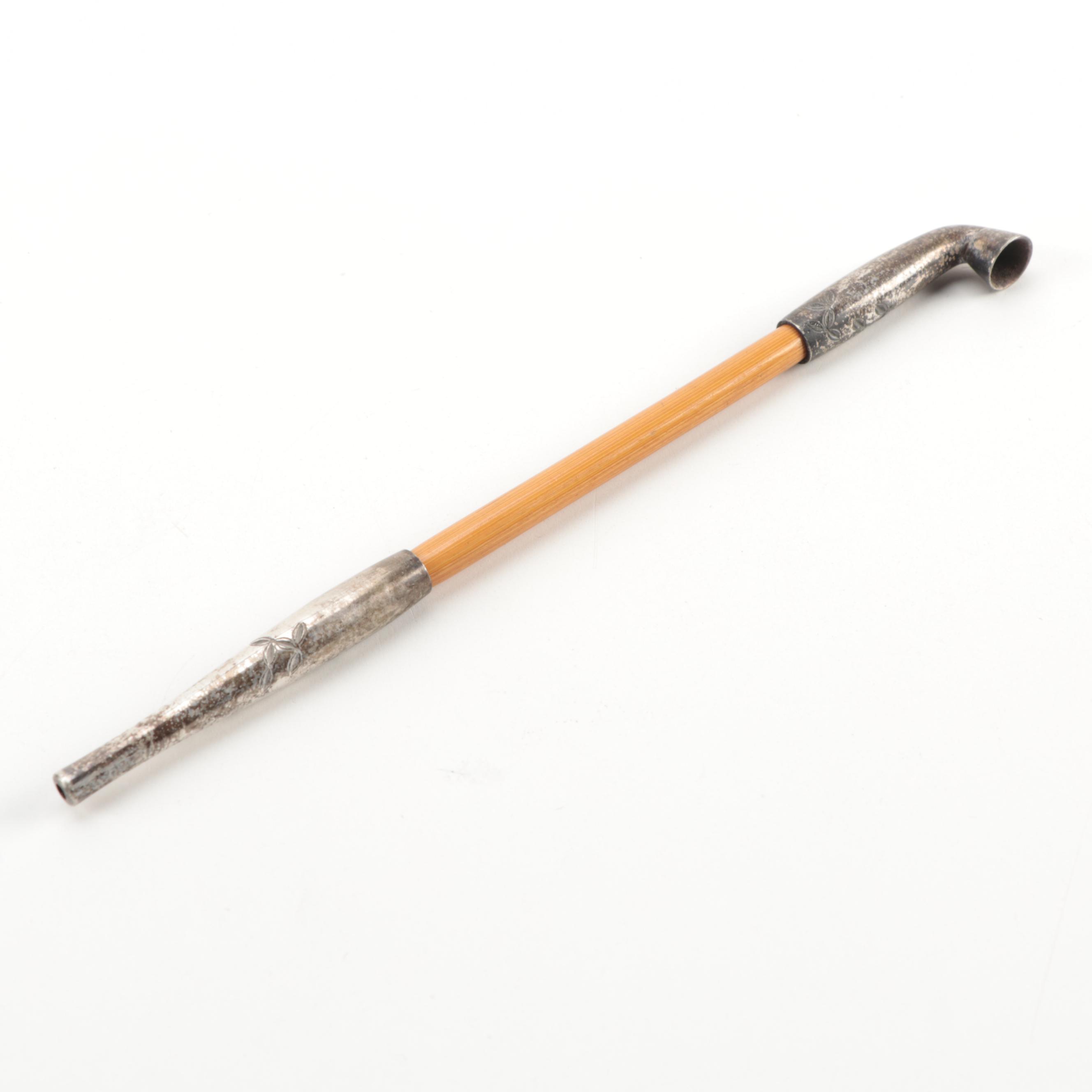 Japanese Silver Plate and Bamboo Kiseru Pipe with Case, Antique