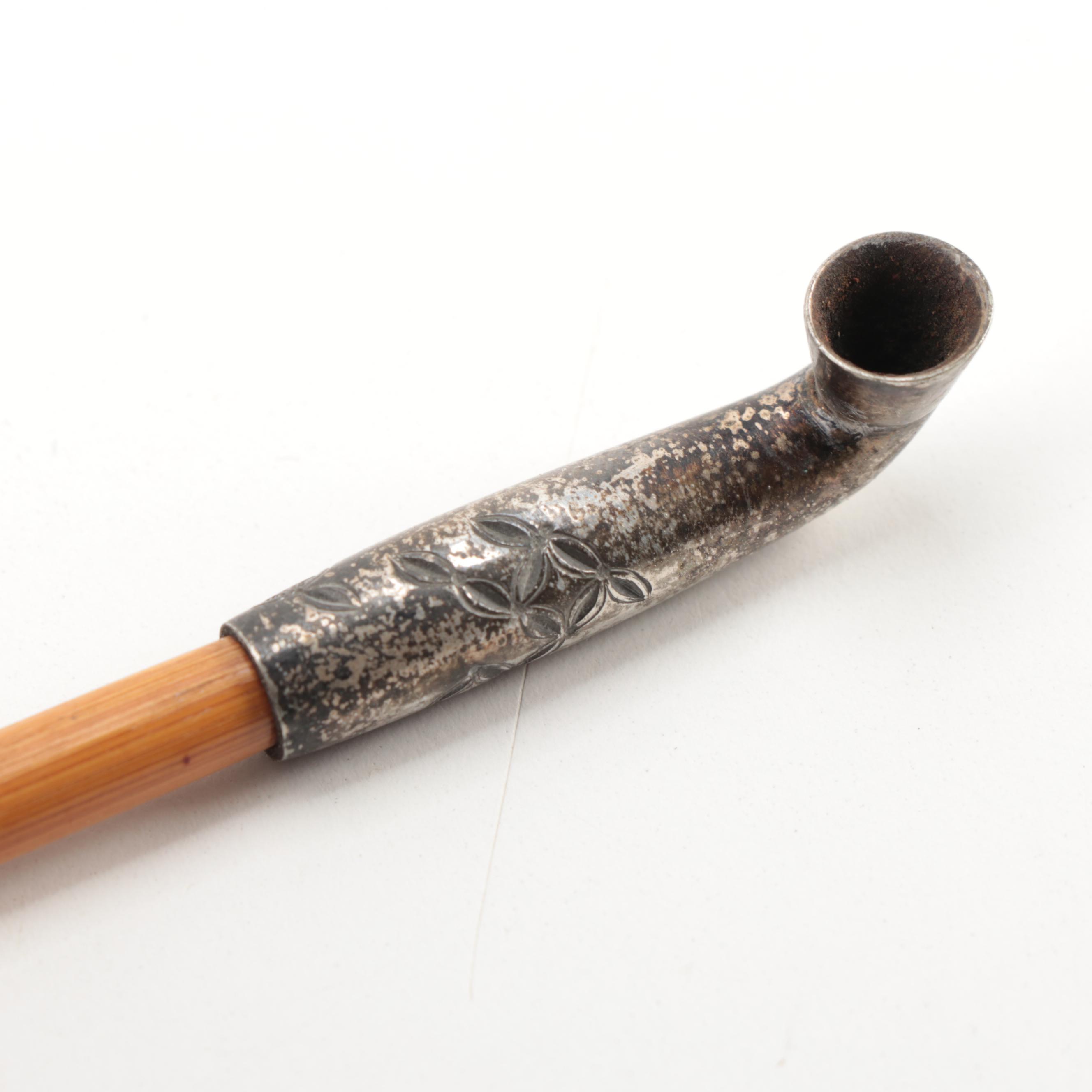 Japanese Silver Plate and Bamboo Kiseru Pipe with Case, Antique