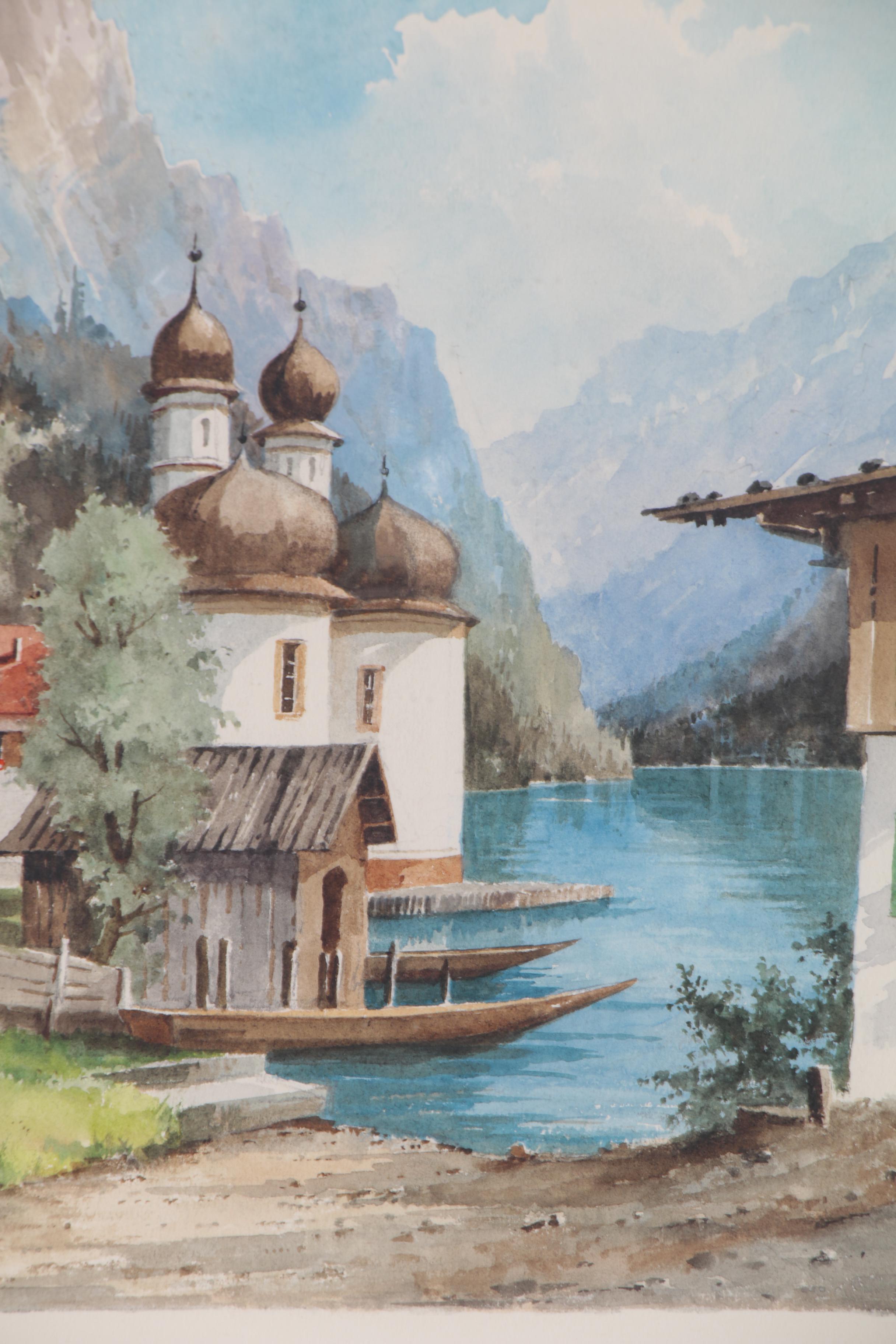 Käfferlein Watercolor Painting "St. Bartholomew, Königsee," Late 20th Century